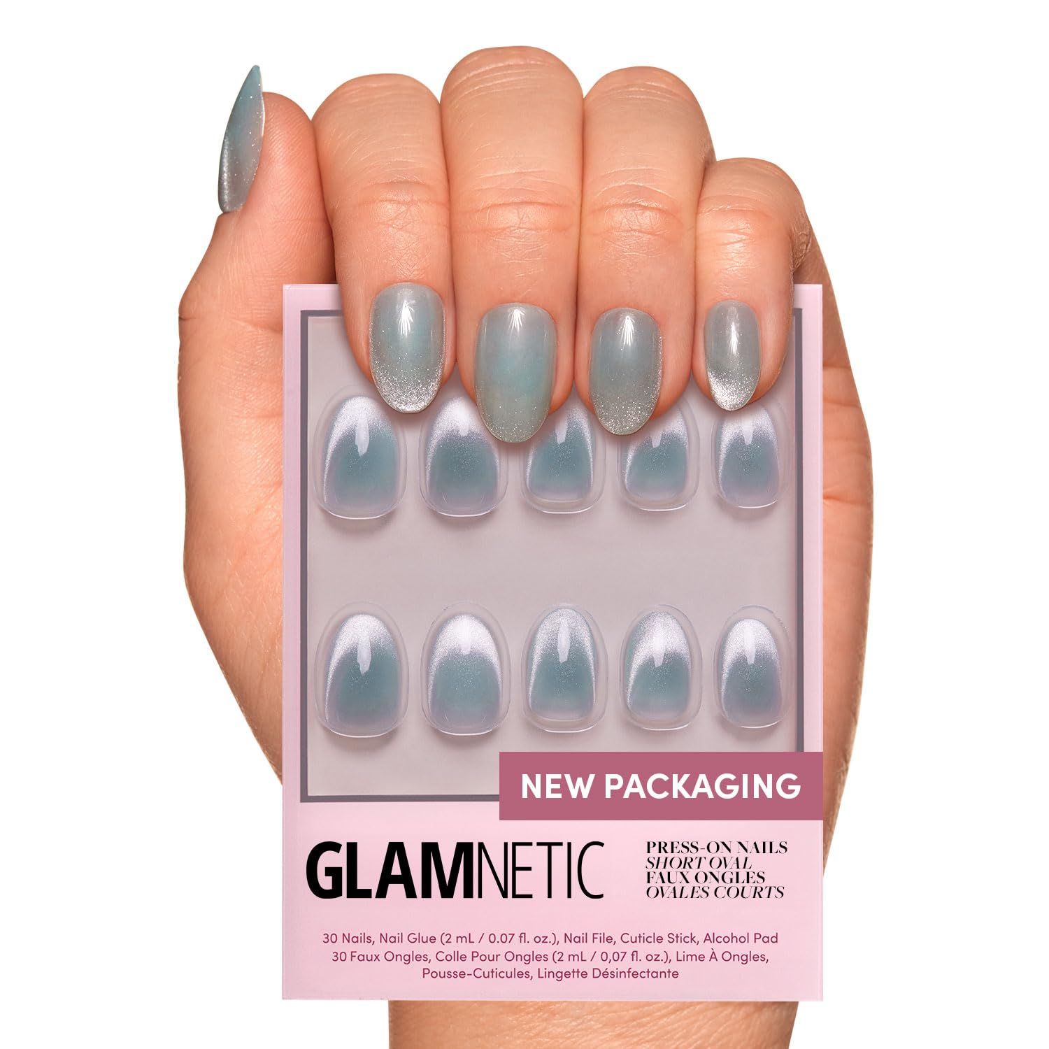 Glamnetic Press On Nails - MaDamn | French Tip UV Finish Short Pointed Almond Fake Nails, Salon Quality Semi-Transparent Nails in 12 Sizes - 24 Nail Kit with Glue