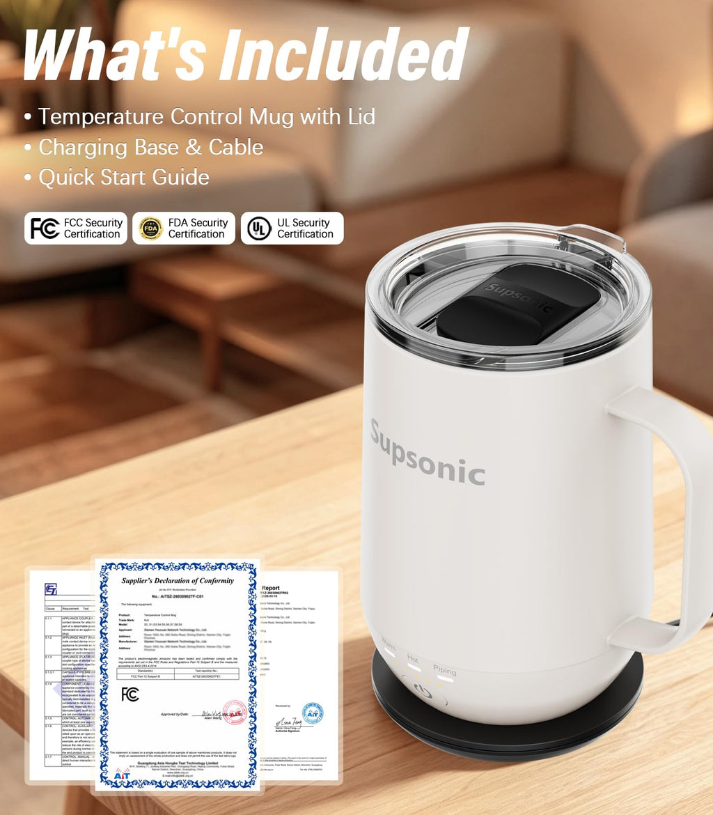 Supsonic - 16oz Self Heating Coffee Mug, Smart Heated Coffee Mug Faster Direct-Contact Heating Up to 149°F, Coffee Mug Warmer Set with Auto Shut-Off - Gifts for Men Women | S2