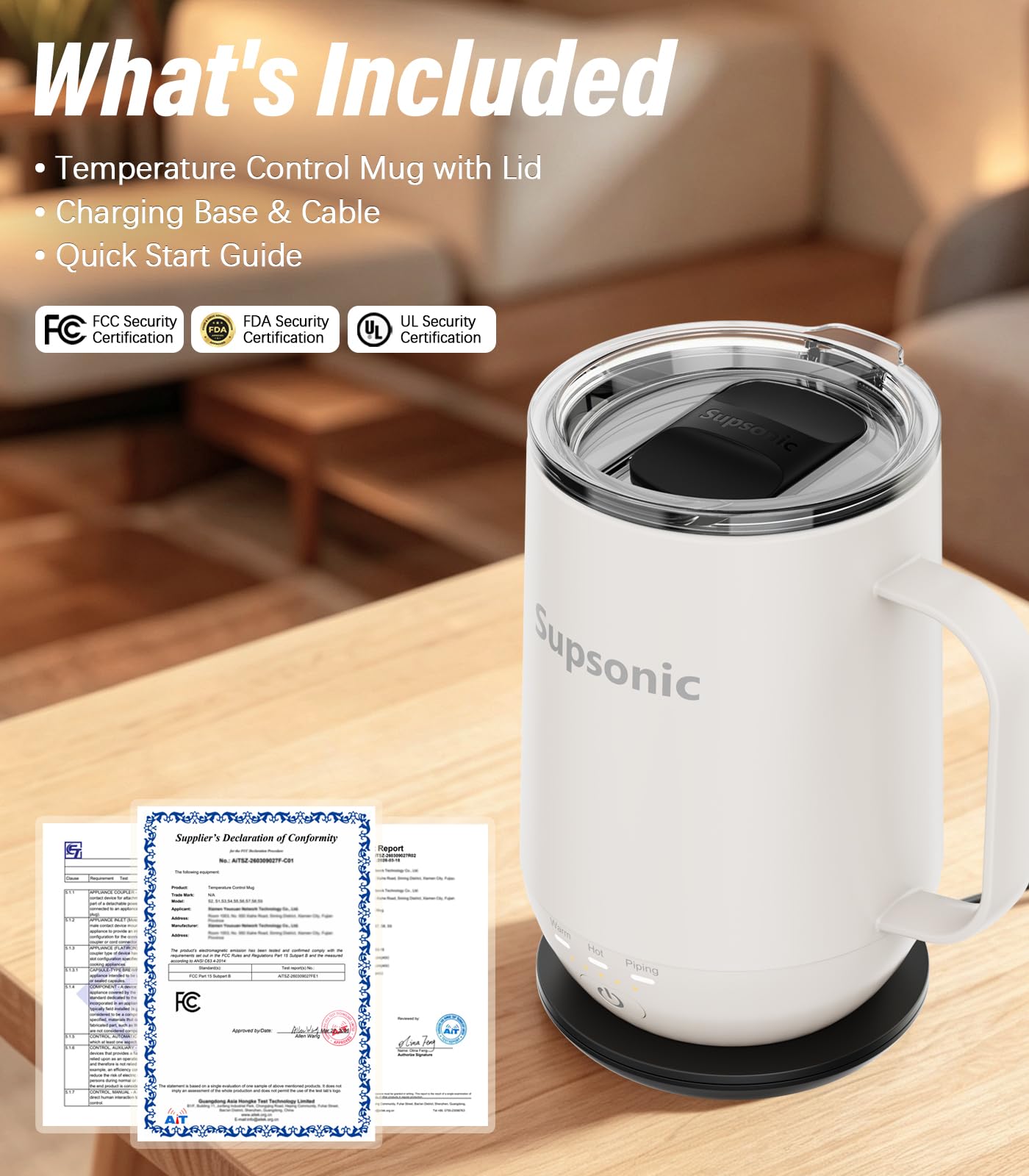 Supsonic - 16oz Self Heating Coffee Mug, Smart Heated Coffee Mug Faster Direct-Contact Heating Up to 149°F, Coffee Mug Warmer Set with Auto Shut-Off - Gifts for Men Women | S2