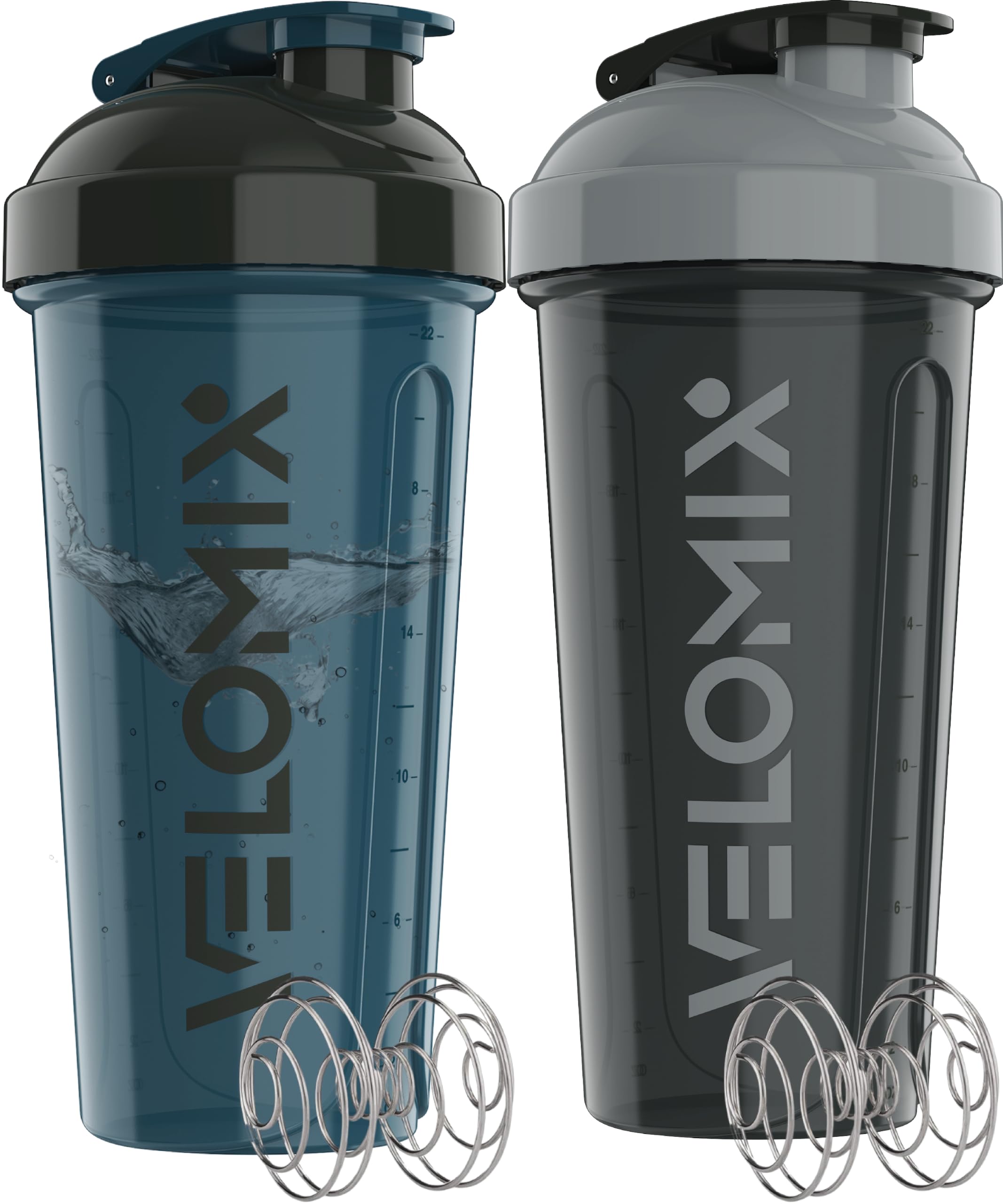 VELOMIX -2 Pack- 28 oz Protein Shaker Bottles for Protein Mixes - 2x Wire Whisk | Leak Proof Shaker Cups for Protein Shakes | Protein Shaker Bottle Pack (Black/Transparent)