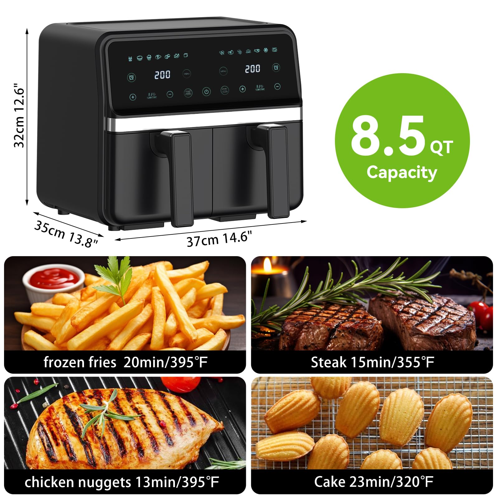 4QT+4QT Dual Basket Air Fryer - Digital Touchscreen, Smart Sync Finish,Auto Shutoff, 2 Independent Nonstick Dishwasher-Safe Frying Baskets - 8 Quart Digital Double Air Fryer