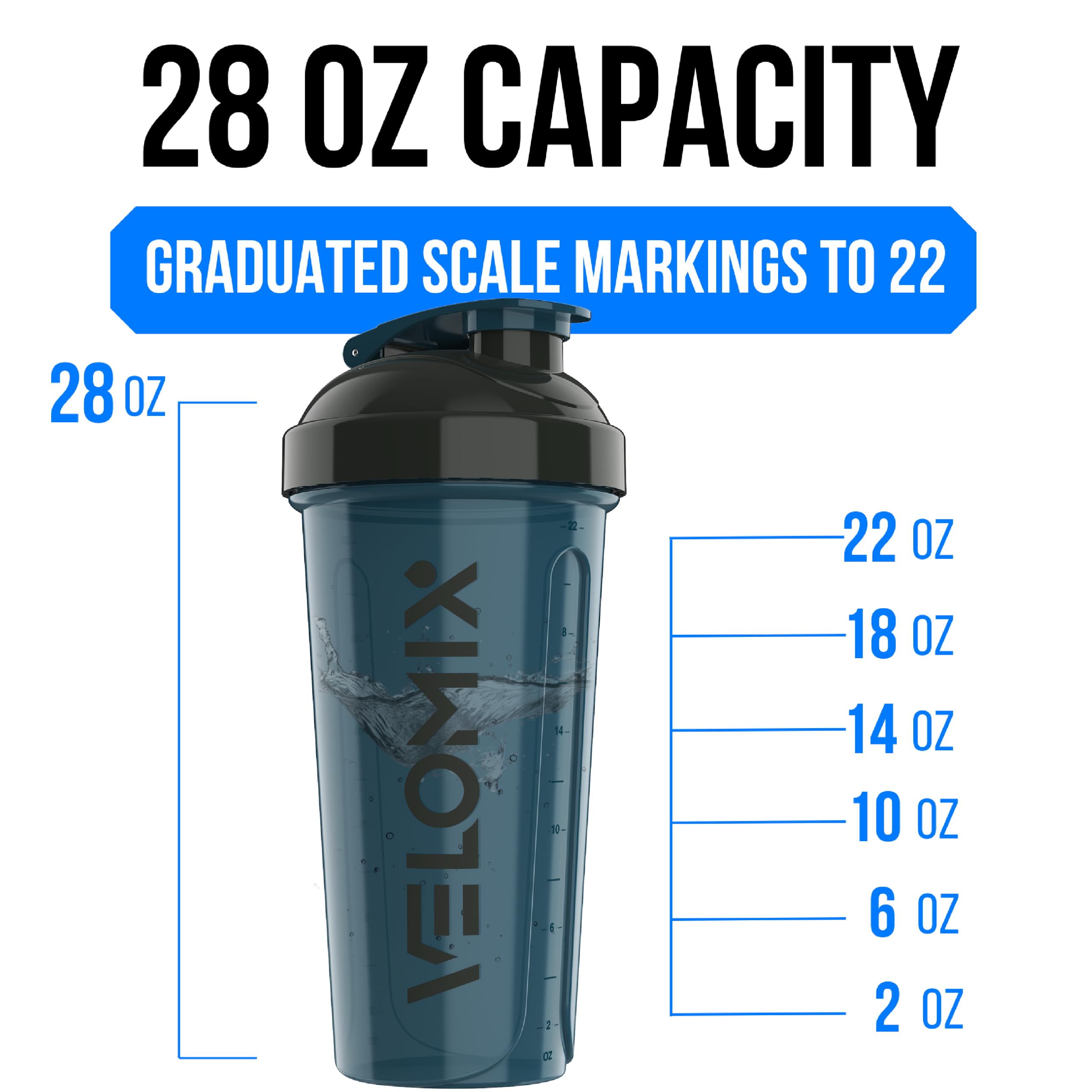 VELOMIX -2 Pack- 28 oz Protein Shaker Bottles for Protein Mixes - 2x Wire Whisk | Leak Proof Shaker Cups for Protein Shakes | Protein Shaker Bottle Pack (Black/Transparent)