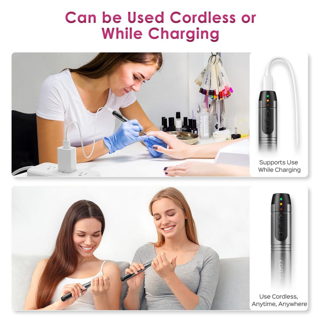 COSLUS C20 Cordless Nail Drill Electric File: Professional for Acrylic Gel Dip Powder Nails, Portable All-in-One Nail Drill Machine Kit for Manicure & Pedicure, Rechargeable Lightweight, Purple