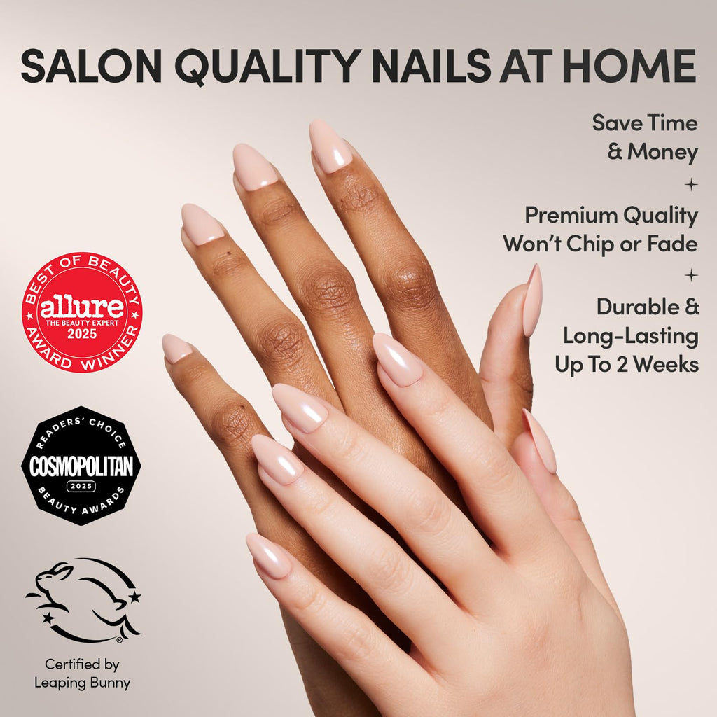 Glamnetic Press On Nails - MaDamn | French Tip UV Finish Short Pointed Almond Fake Nails, Salon Quality Semi-Transparent Nails in 12 Sizes - 24 Nail Kit with Glue