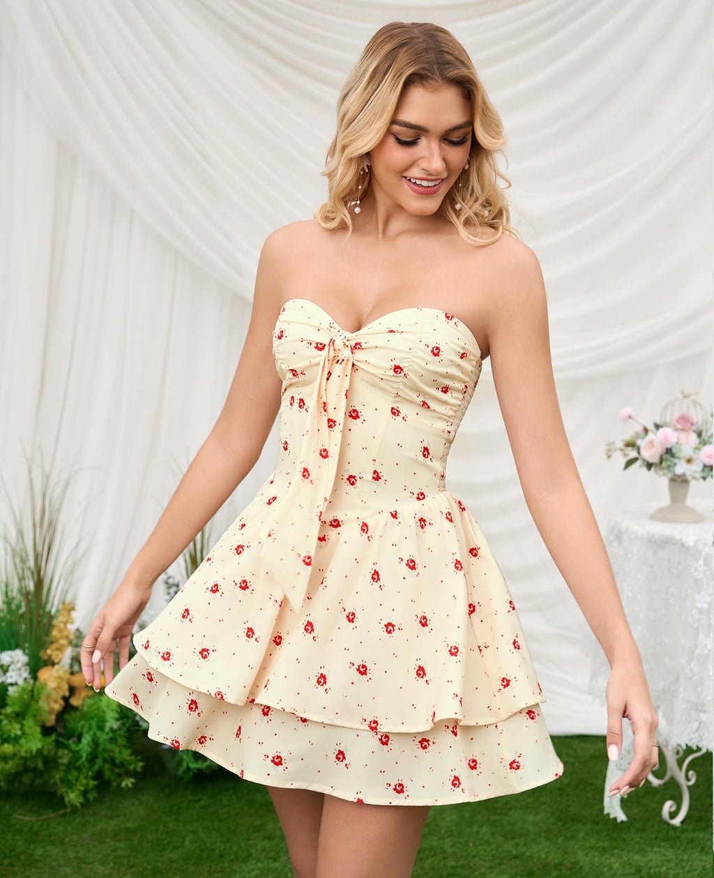 XinFSh Women's Summer Floral Strapless Tube Mini Dress Flowy A Line Tie Front Ruffle Beach Vacation Short Boho Sundress