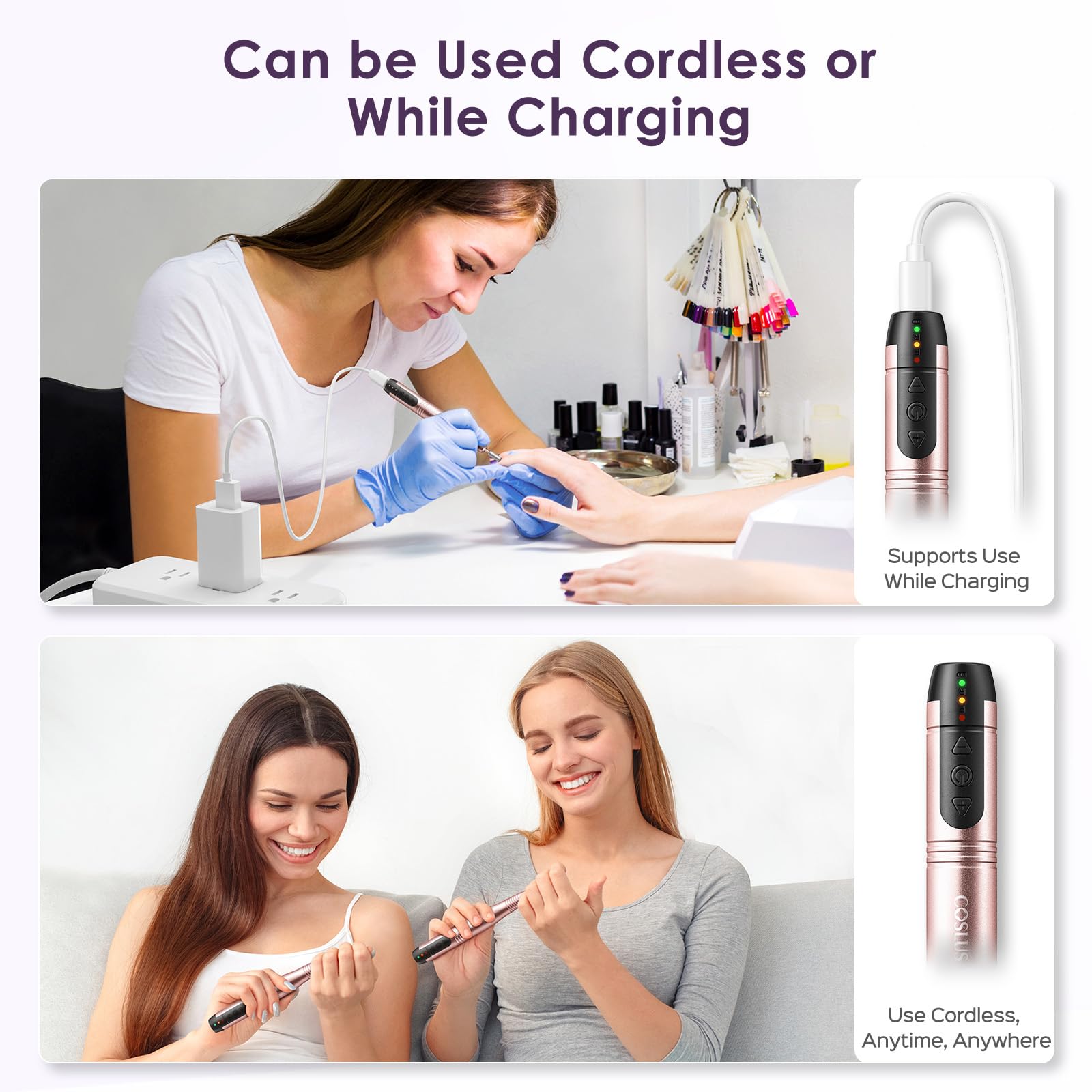 COSLUS C20 Cordless Nail Drill Electric File: Professional for Acrylic Gel Dip Powder Nails, Portable All-in-One Nail Drill Machine Kit for Manicure & Pedicure, Rechargeable Lightweight, Purple
