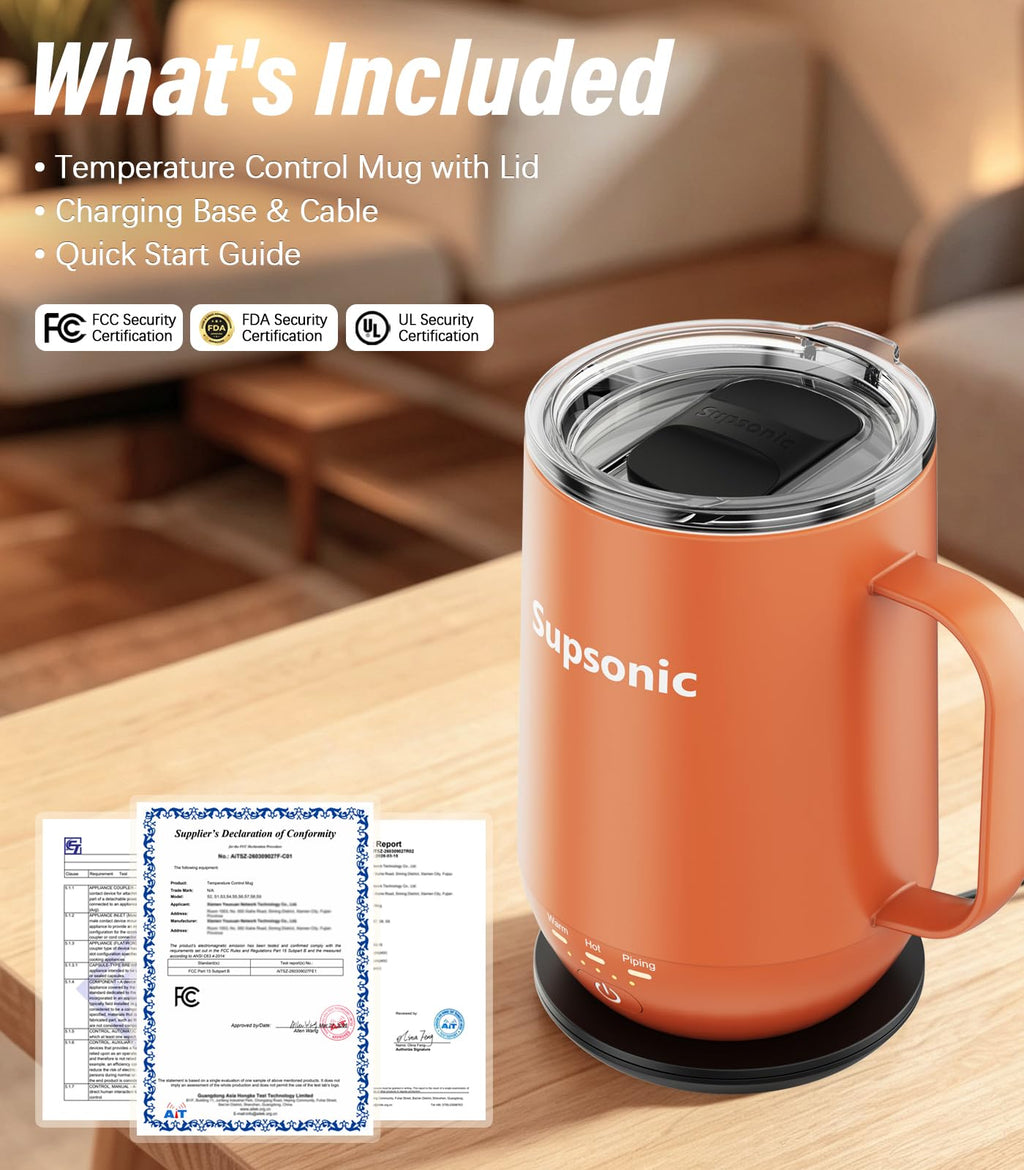 Supsonic - 16oz Self Heating Coffee Mug, Smart Heated Coffee Mug Faster Direct-Contact Heating Up to 149°F, Coffee Mug Warmer Set with Auto Shut-Off - Gifts for Men Women | S2