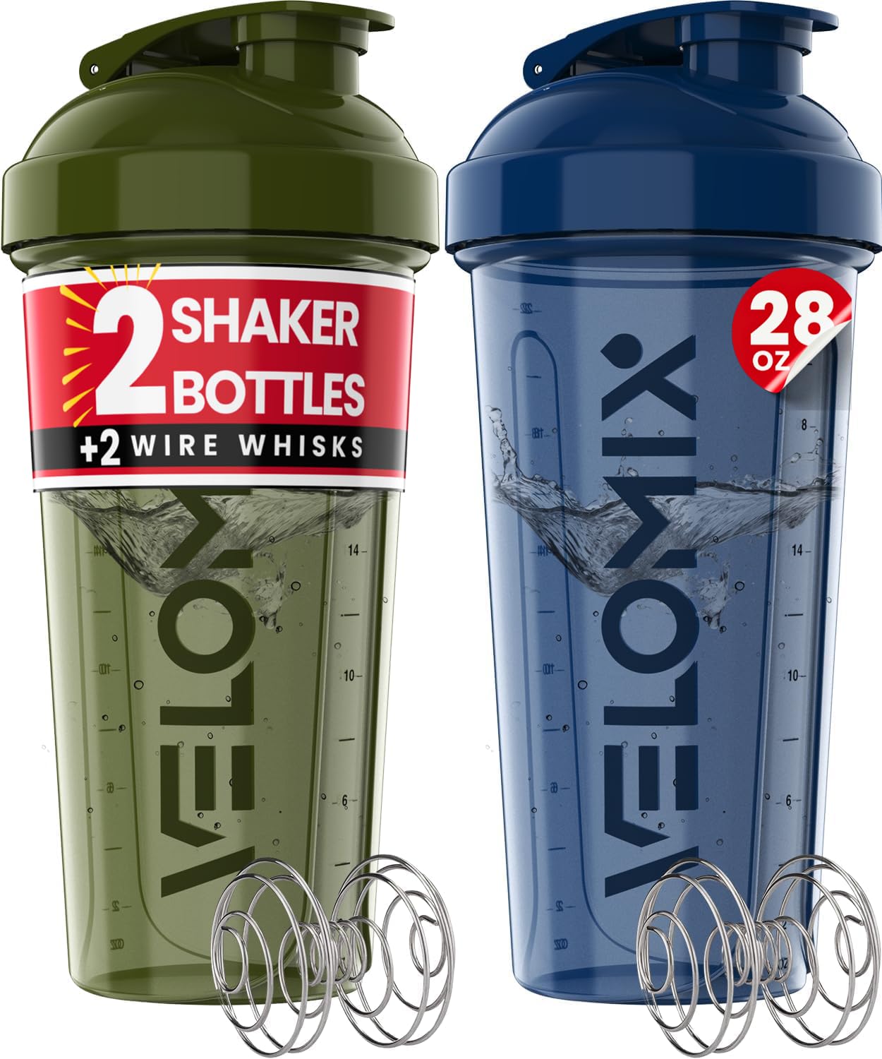 VELOMIX -2 Pack- 28 oz Protein Shaker Bottles for Protein Mixes - 2x Wire Whisk | Leak Proof Shaker Cups for Protein Shakes | Protein Shaker Bottle Pack (Black/Transparent)