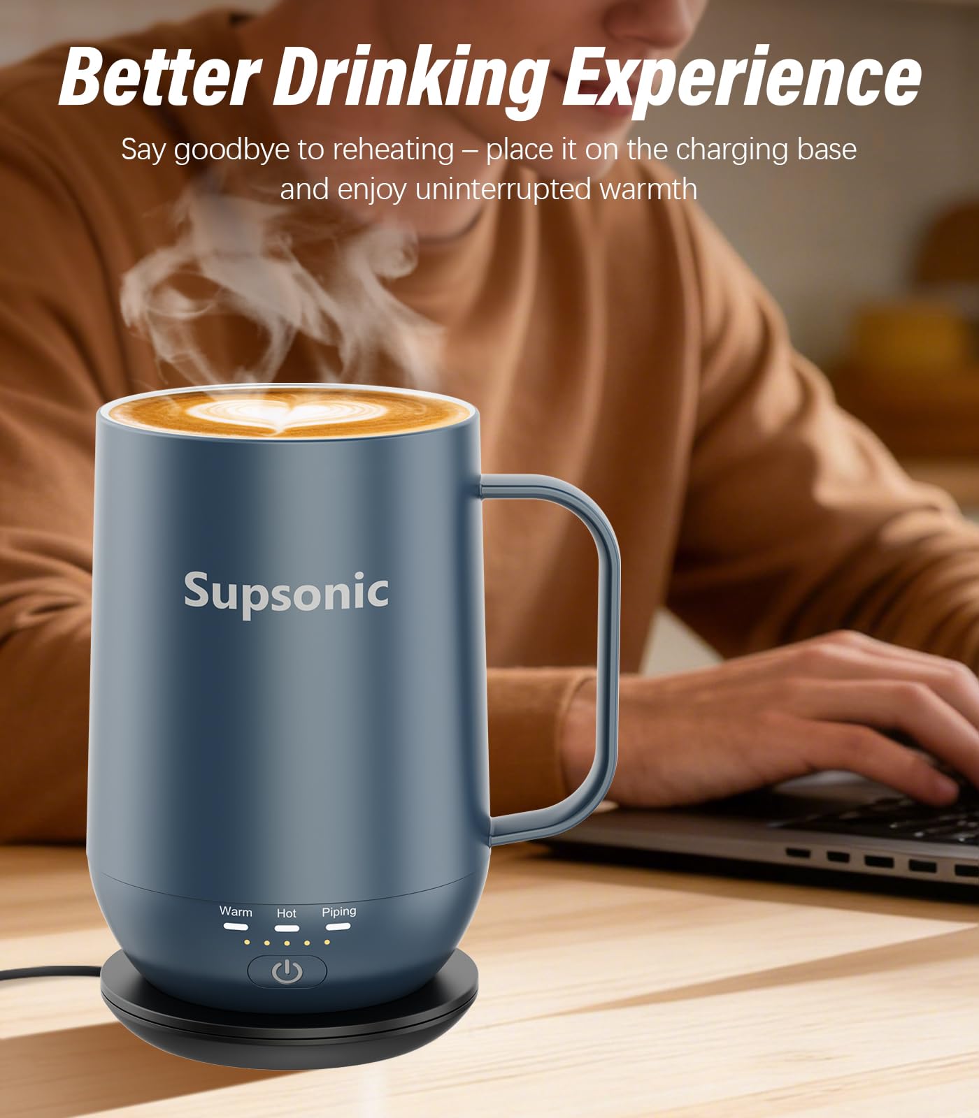 Supsonic - 16oz Self Heating Coffee Mug, Smart Heated Coffee Mug Faster Direct-Contact Heating Up to 149°F, Coffee Mug Warmer Set with Auto Shut-Off - Gifts for Men Women | S2