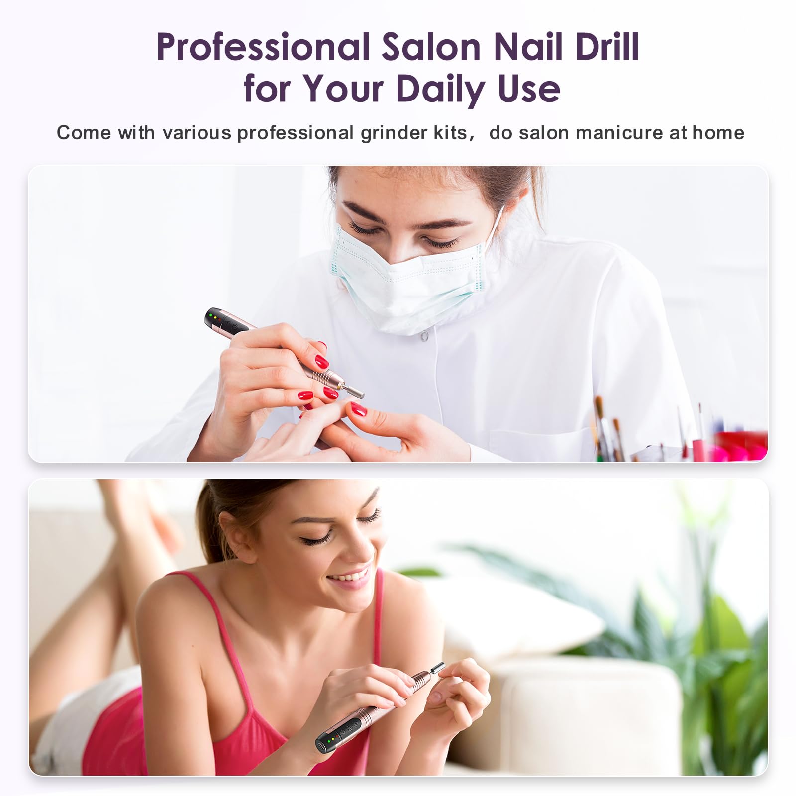 COSLUS C20 Cordless Nail Drill Electric File: Professional for Acrylic Gel Dip Powder Nails, Portable All-in-One Nail Drill Machine Kit for Manicure & Pedicure, Rechargeable Lightweight, Purple