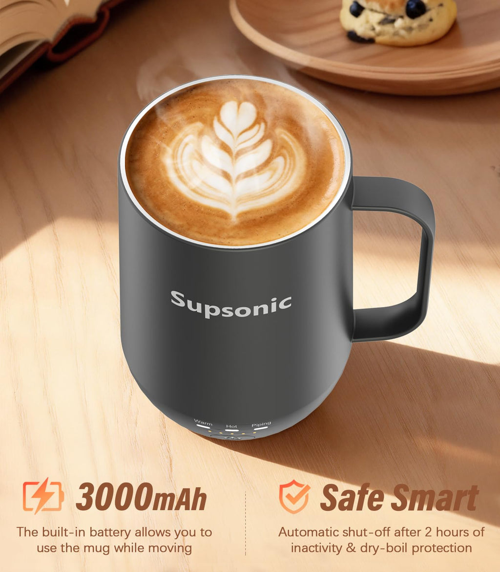 Supsonic - 16oz Self Heating Coffee Mug, Smart Heated Coffee Mug Faster Direct-Contact Heating Up to 149°F, Coffee Mug Warmer Set with Auto Shut-Off - Gifts for Men Women | S2