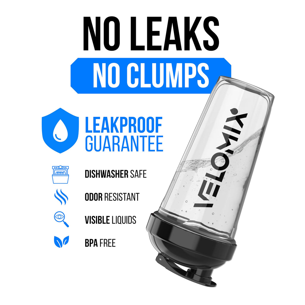 VELOMIX -2 Pack- 28 oz Protein Shaker Bottles for Protein Mixes - 2x Wire Whisk | Leak Proof Shaker Cups for Protein Shakes | Protein Shaker Bottle Pack (Black/Transparent)