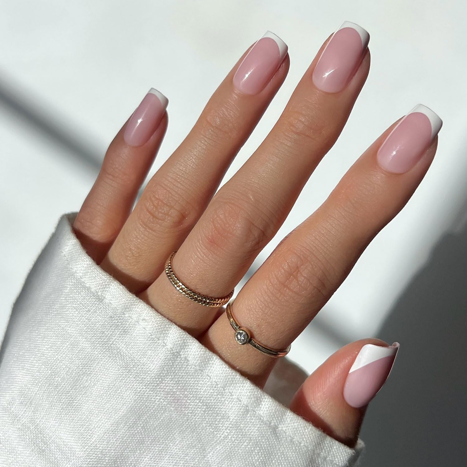 Glamnetic Press On Nails - MaDamn | French Tip UV Finish Short Pointed Almond Fake Nails, Salon Quality Semi-Transparent Nails in 12 Sizes - 24 Nail Kit with Glue