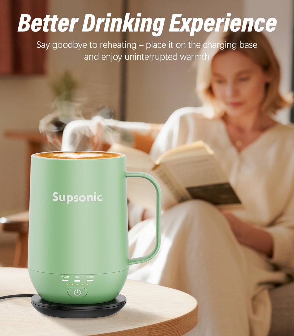 Supsonic - 16oz Self Heating Coffee Mug, Smart Heated Coffee Mug Faster Direct-Contact Heating Up to 149°F, Coffee Mug Warmer Set with Auto Shut-Off - Gifts for Men Women | S2