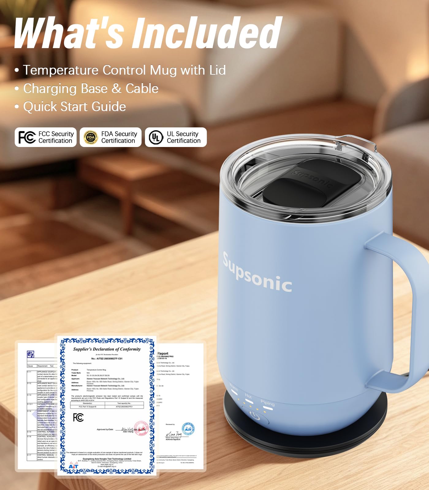 Supsonic - 16oz Self Heating Coffee Mug, Smart Heated Coffee Mug Faster Direct-Contact Heating Up to 149°F, Coffee Mug Warmer Set with Auto Shut-Off - Gifts for Men Women | S2