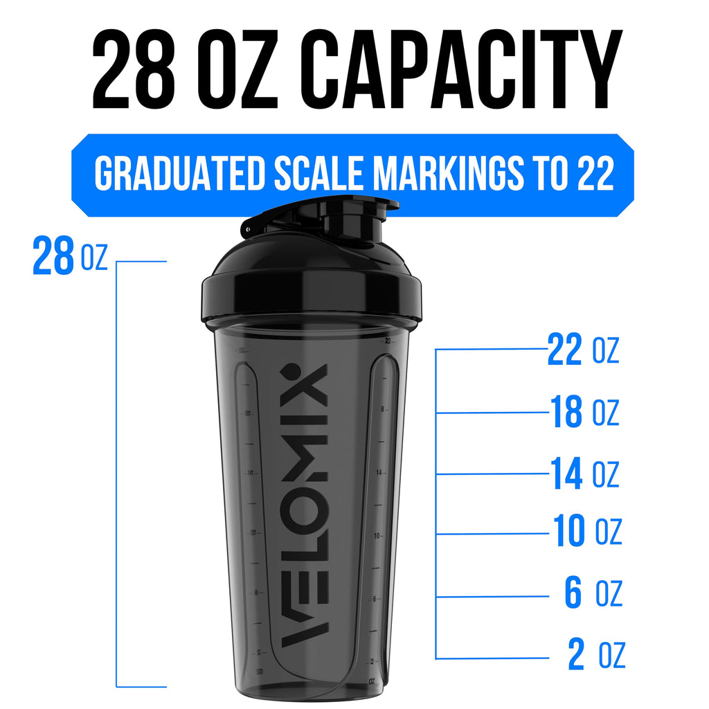 VELOMIX -2 Pack- 28 oz Protein Shaker Bottles for Protein Mixes - 2x Wire Whisk | Leak Proof Shaker Cups for Protein Shakes | Protein Shaker Bottle Pack (Black/Transparent)