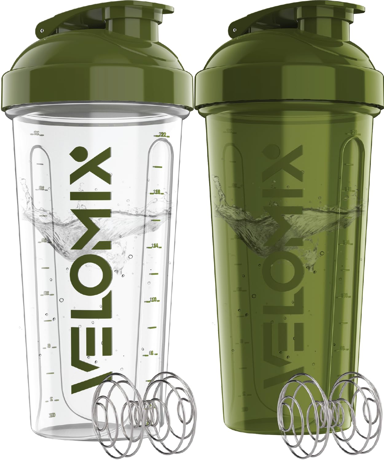 VELOMIX -2 Pack- 28 oz Protein Shaker Bottles for Protein Mixes - 2x Wire Whisk | Leak Proof Shaker Cups for Protein Shakes | Protein Shaker Bottle Pack (Black/Transparent)