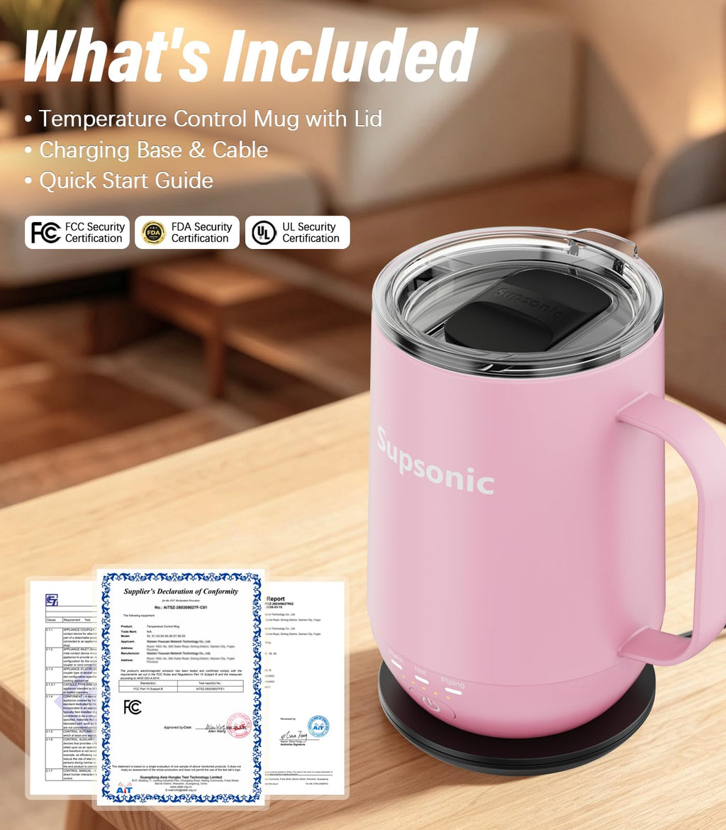 Supsonic - 16oz Self Heating Coffee Mug, Smart Heated Coffee Mug Faster Direct-Contact Heating Up to 149°F, Coffee Mug Warmer Set with Auto Shut-Off - Gifts for Men Women | S2