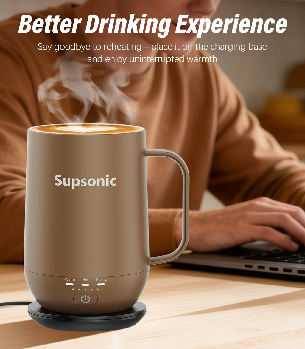 Supsonic - 16oz Self Heating Coffee Mug, Smart Heated Coffee Mug Faster Direct-Contact Heating Up to 149°F, Coffee Mug Warmer Set with Auto Shut-Off - Gifts for Men Women | S2