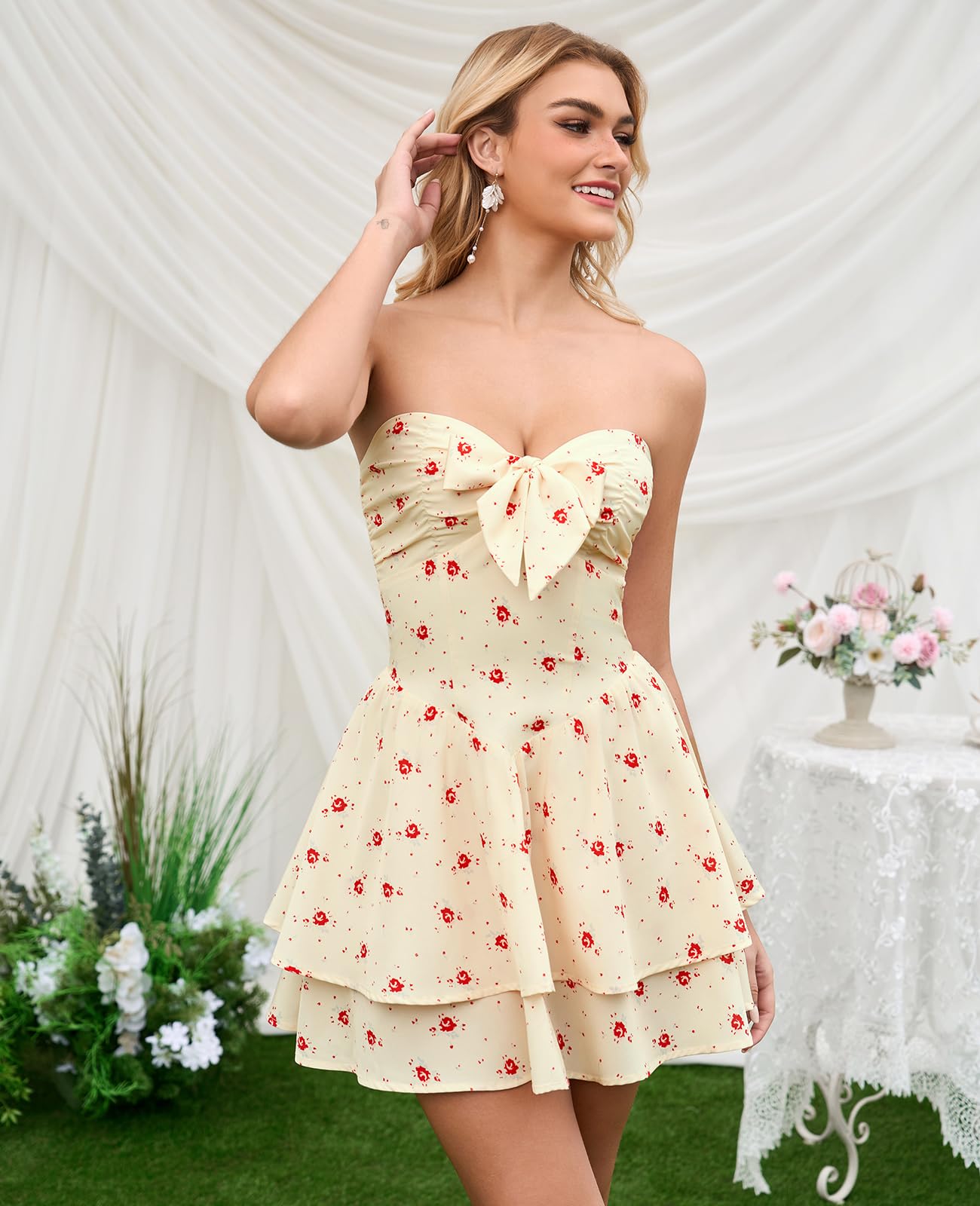 XinFSh Women's Summer Floral Strapless Tube Mini Dress Flowy A Line Tie Front Ruffle Beach Vacation Short Boho Sundress