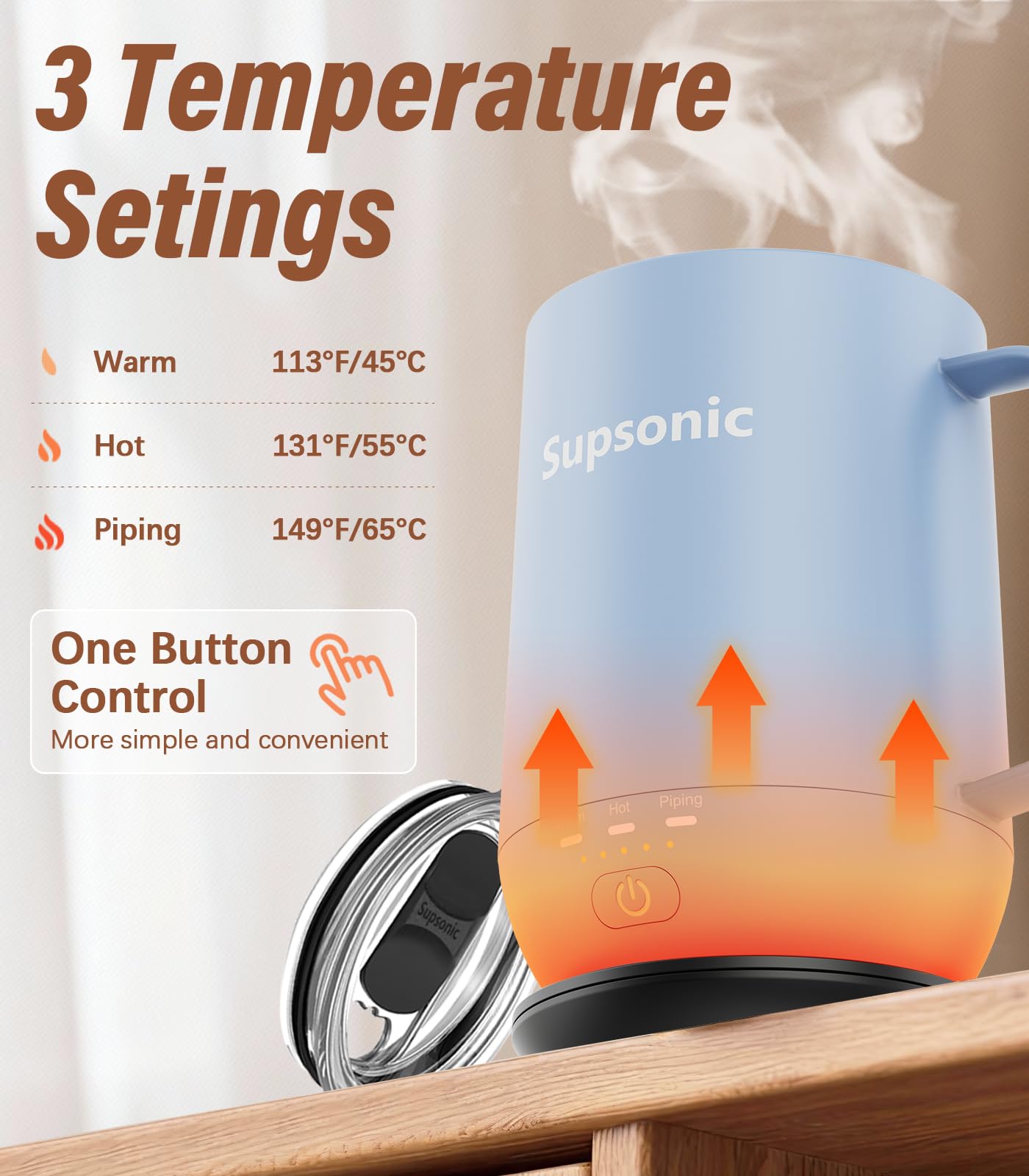 Supsonic - 16oz Self Heating Coffee Mug, Smart Heated Coffee Mug Faster Direct-Contact Heating Up to 149°F, Coffee Mug Warmer Set with Auto Shut-Off - Gifts for Men Women | S2