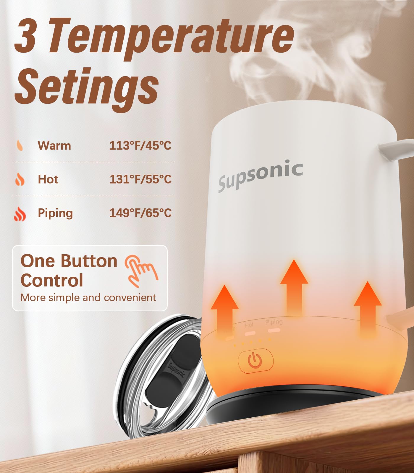 Supsonic - 16oz Self Heating Coffee Mug, Smart Heated Coffee Mug Faster Direct-Contact Heating Up to 149°F, Coffee Mug Warmer Set with Auto Shut-Off - Gifts for Men Women | S2