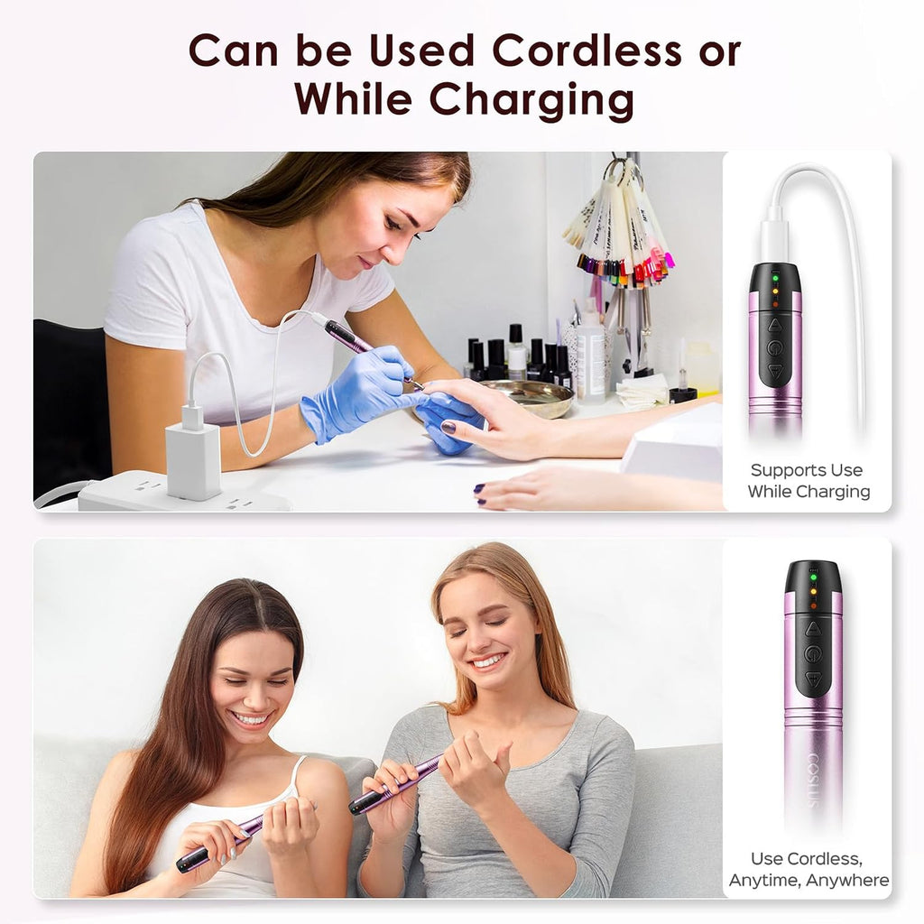 COSLUS C20 Cordless Nail Drill Electric File: Professional for Acrylic Gel Dip Powder Nails, Portable All-in-One Nail Drill Machine Kit for Manicure & Pedicure, Rechargeable Lightweight, Purple