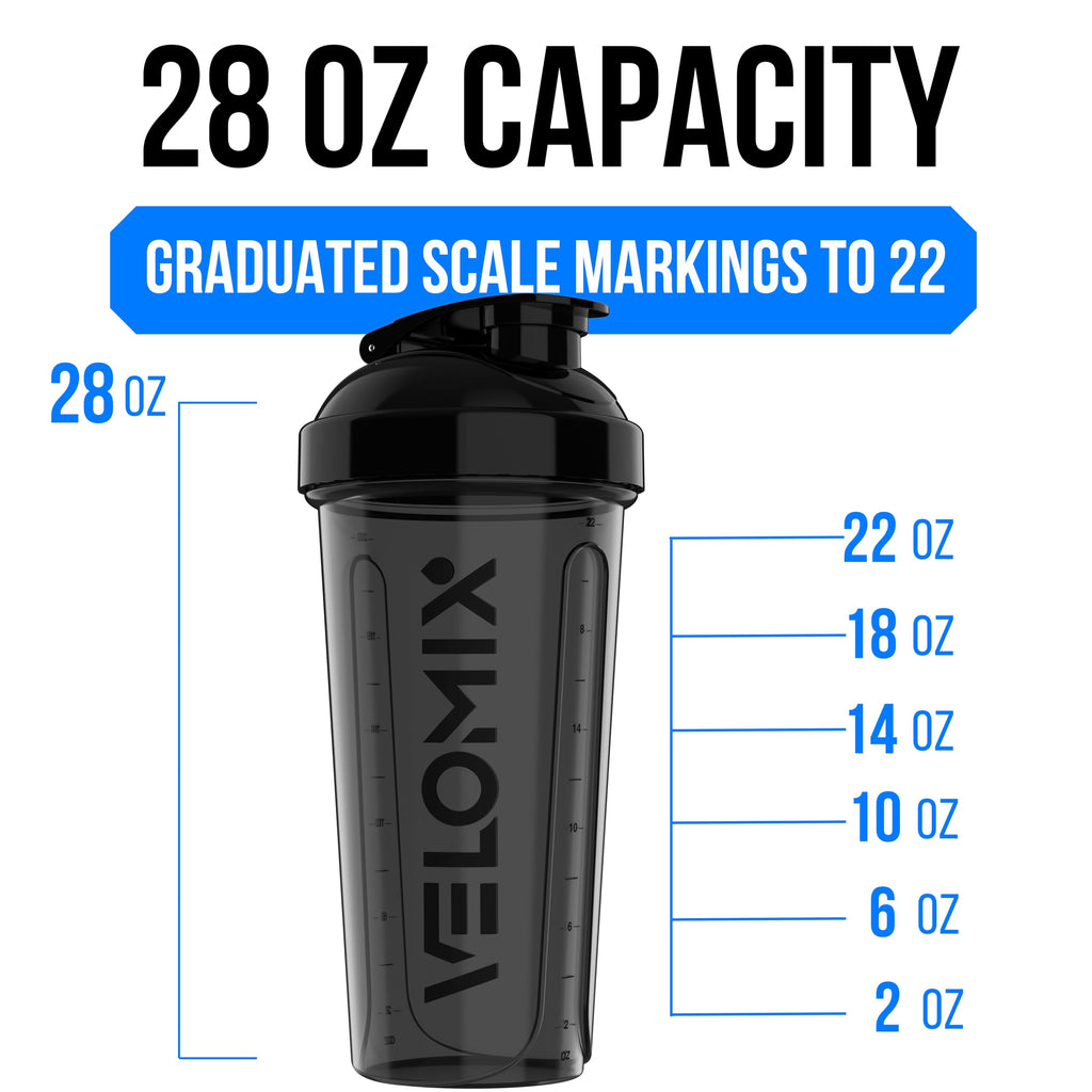 VELOMIX -2 Pack- 28 oz Protein Shaker Bottles for Protein Mixes - 2x Wire Whisk | Leak Proof Shaker Cups for Protein Shakes | Protein Shaker Bottle Pack (Black/Transparent)
