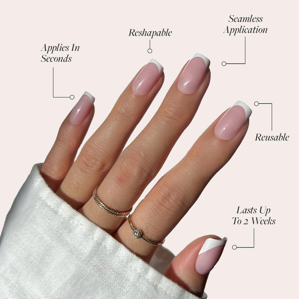 Glamnetic Press On Nails - MaDamn | French Tip UV Finish Short Pointed Almond Fake Nails, Salon Quality Semi-Transparent Nails in 12 Sizes - 24 Nail Kit with Glue
