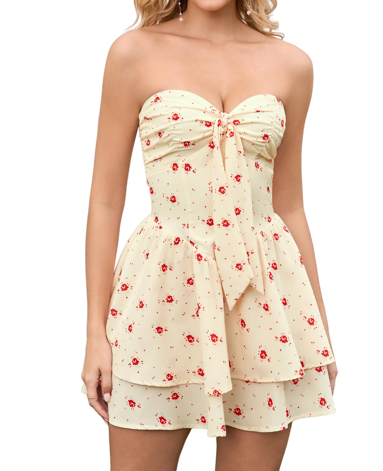 XinFSh Women's Summer Floral Strapless Tube Mini Dress Flowy A Line Tie Front Ruffle Beach Vacation Short Boho Sundress