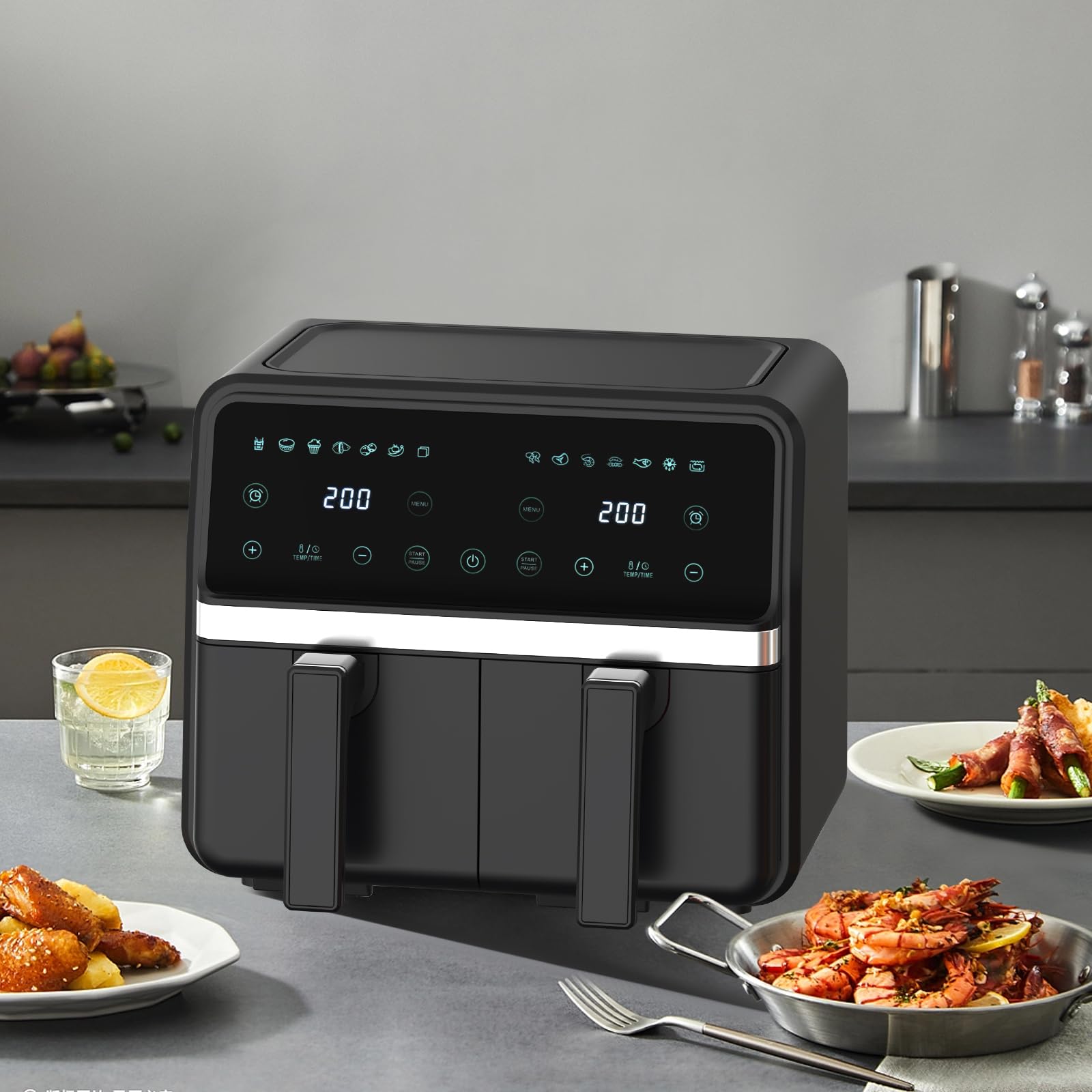 4QT+4QT Dual Basket Air Fryer - Digital Touchscreen, Smart Sync Finish,Auto Shutoff, 2 Independent Nonstick Dishwasher-Safe Frying Baskets - 8 Quart Digital Double Air Fryer