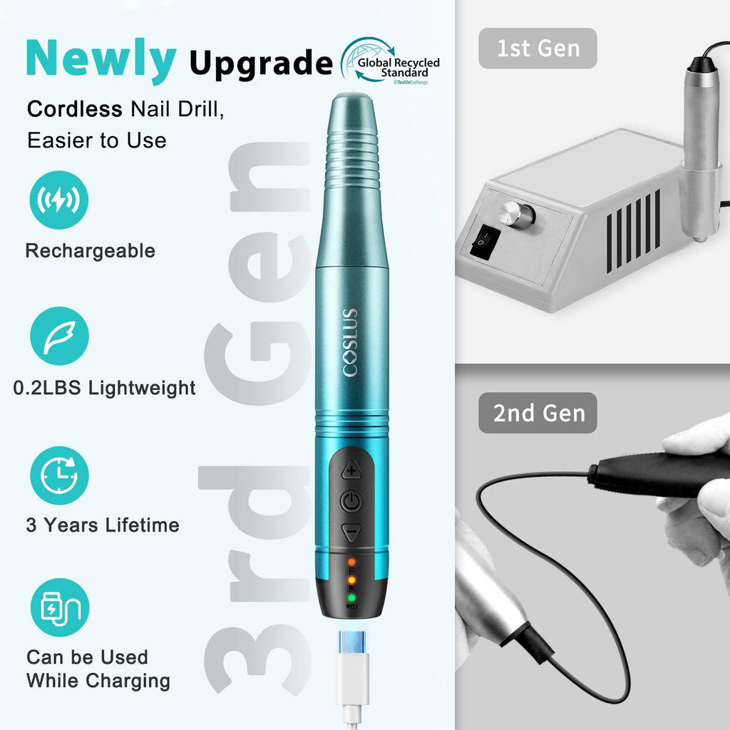 COSLUS C20 Cordless Nail Drill Electric File: Professional for Acrylic Gel Dip Powder Nails, Portable All-in-One Nail Drill Machine Kit for Manicure & Pedicure, Rechargeable Lightweight, Purple