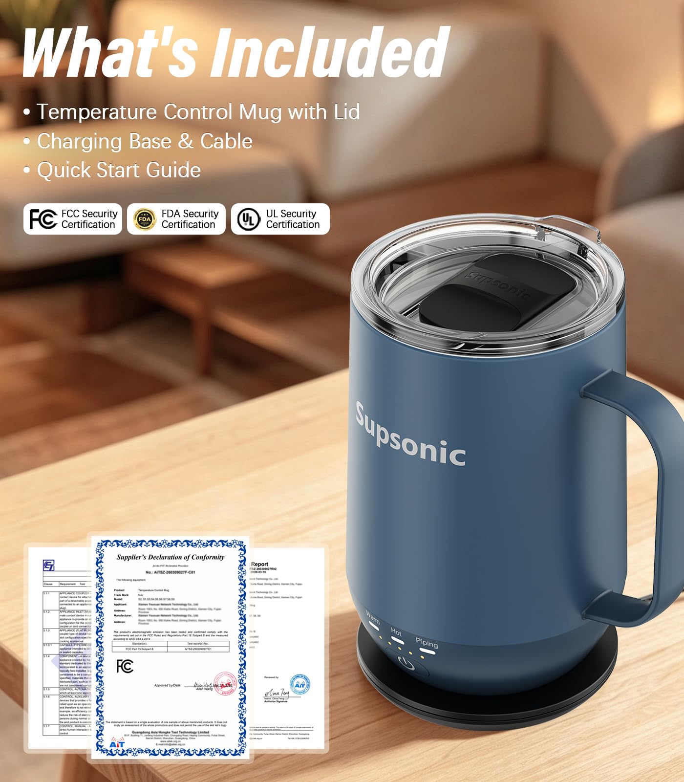 Supsonic - 16oz Self Heating Coffee Mug, Smart Heated Coffee Mug Faster Direct-Contact Heating Up to 149°F, Coffee Mug Warmer Set with Auto Shut-Off - Gifts for Men Women | S2