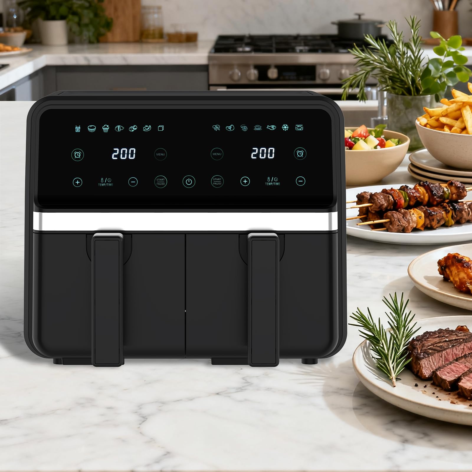 4QT+4QT Dual Basket Air Fryer - Digital Touchscreen, Smart Sync Finish,Auto Shutoff, 2 Independent Nonstick Dishwasher-Safe Frying Baskets - 8 Quart Digital Double Air Fryer