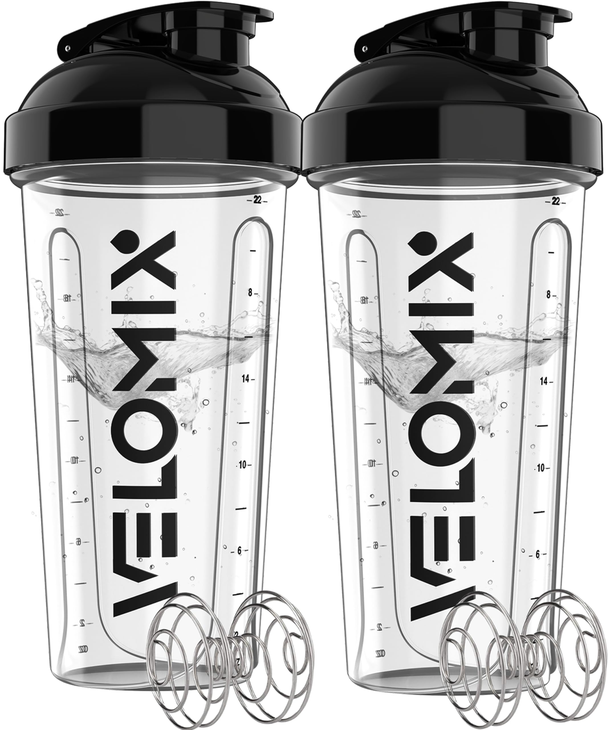 VELOMIX -2 Pack- 28 oz Protein Shaker Bottles for Protein Mixes - 2x Wire Whisk | Leak Proof Shaker Cups for Protein Shakes | Protein Shaker Bottle Pack (Black/Transparent)