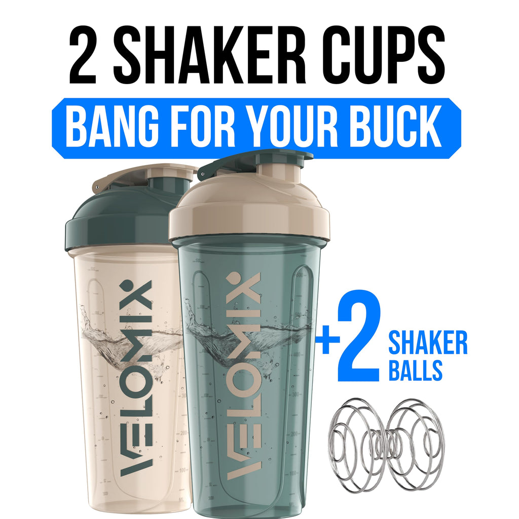 VELOMIX -2 Pack- 28 oz Protein Shaker Bottles for Protein Mixes - 2x Wire Whisk | Leak Proof Shaker Cups for Protein Shakes | Protein Shaker Bottle Pack (Black/Transparent)