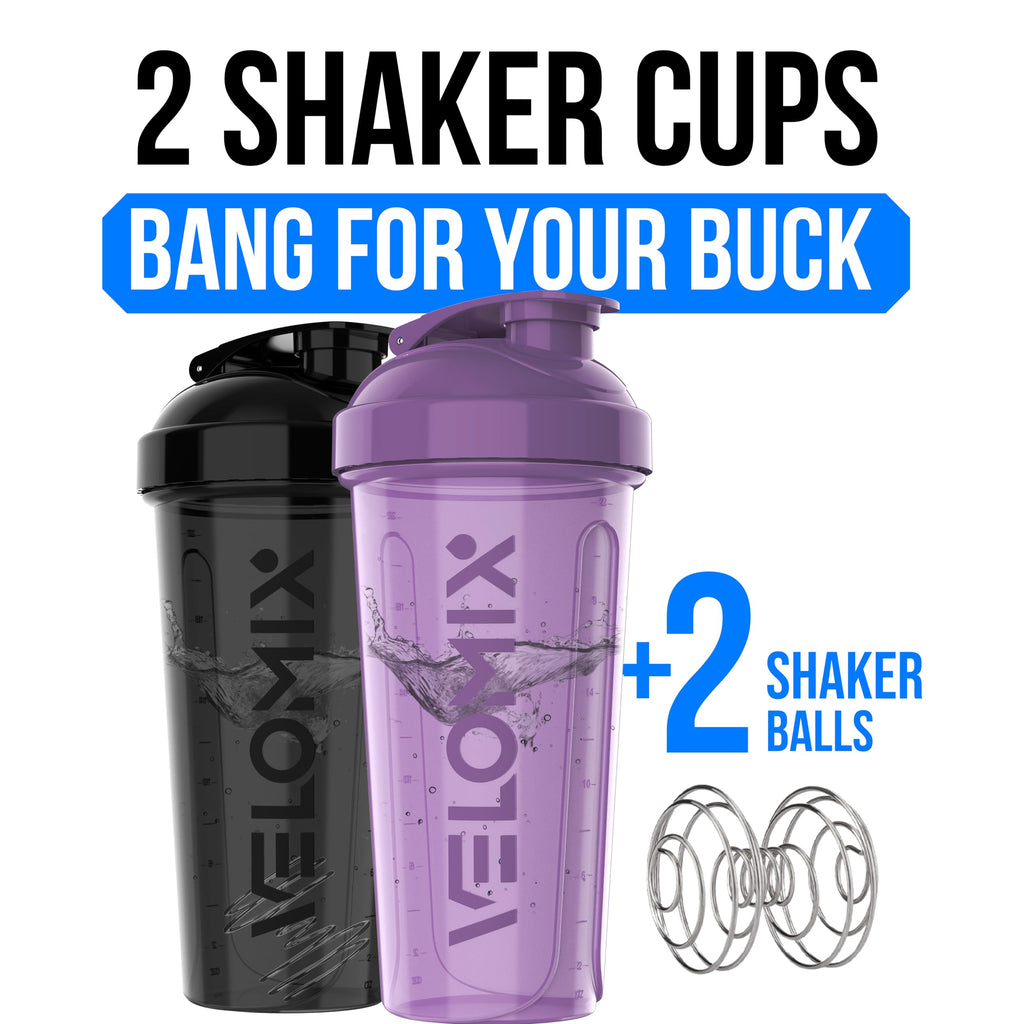 VELOMIX -2 Pack- 28 oz Protein Shaker Bottles for Protein Mixes - 2x Wire Whisk | Leak Proof Shaker Cups for Protein Shakes | Protein Shaker Bottle Pack (Black/Transparent)