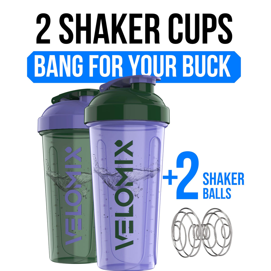 VELOMIX -2 Pack- 28 oz Protein Shaker Bottles for Protein Mixes - 2x Wire Whisk | Leak Proof Shaker Cups for Protein Shakes | Protein Shaker Bottle Pack (Black/Transparent)