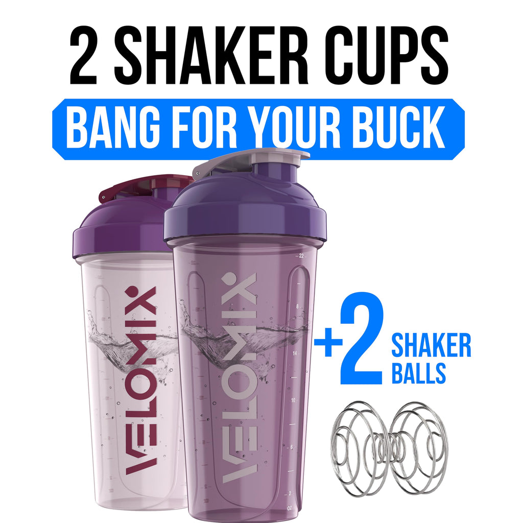 VELOMIX -2 Pack- 28 oz Protein Shaker Bottles for Protein Mixes - 2x Wire Whisk | Leak Proof Shaker Cups for Protein Shakes | Protein Shaker Bottle Pack (Black/Transparent)