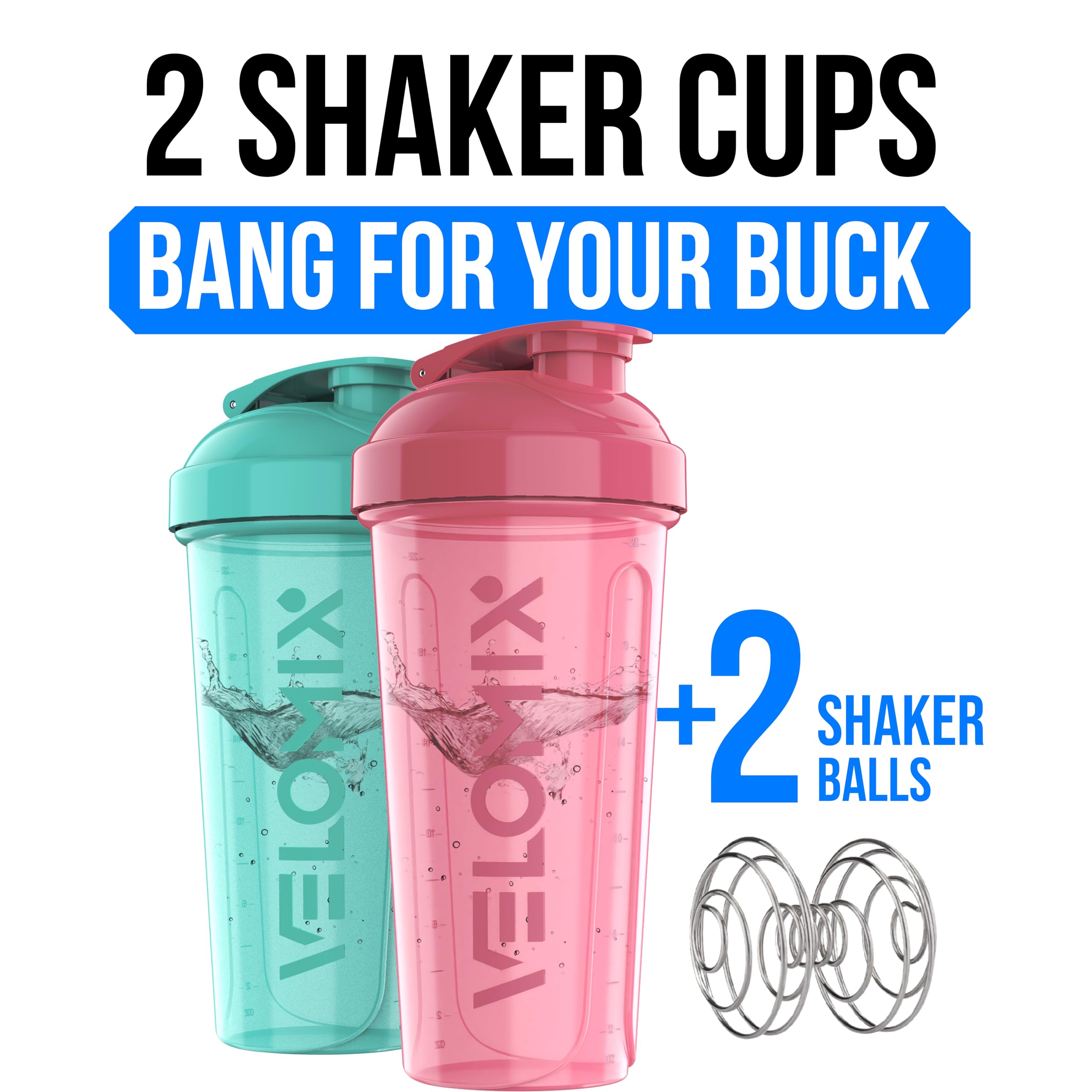VELOMIX -2 Pack- 28 oz Protein Shaker Bottles for Protein Mixes - 2x Wire Whisk | Leak Proof Shaker Cups for Protein Shakes | Protein Shaker Bottle Pack (Black/Transparent)