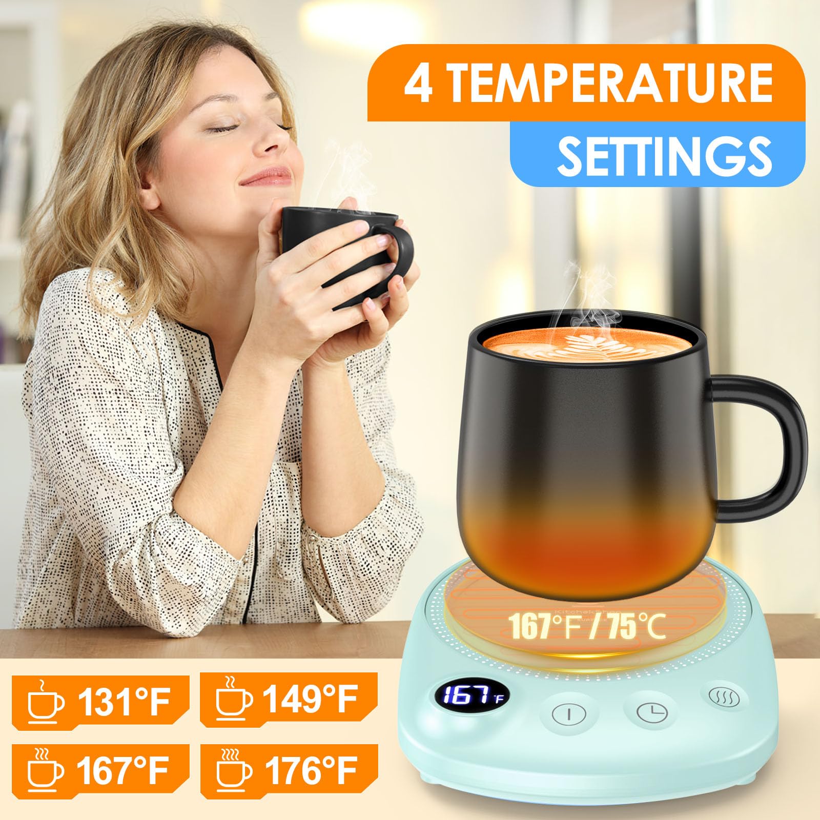 Coffee Mug Warmer - Fastest Heating & Highest Temperature, Coffee Cup Warmer for Desk Auto Shut Off, 4 Temp Settings & 1-12H Timer, Smart Electric Beverage Warmer for Coffee, Tea (Black)