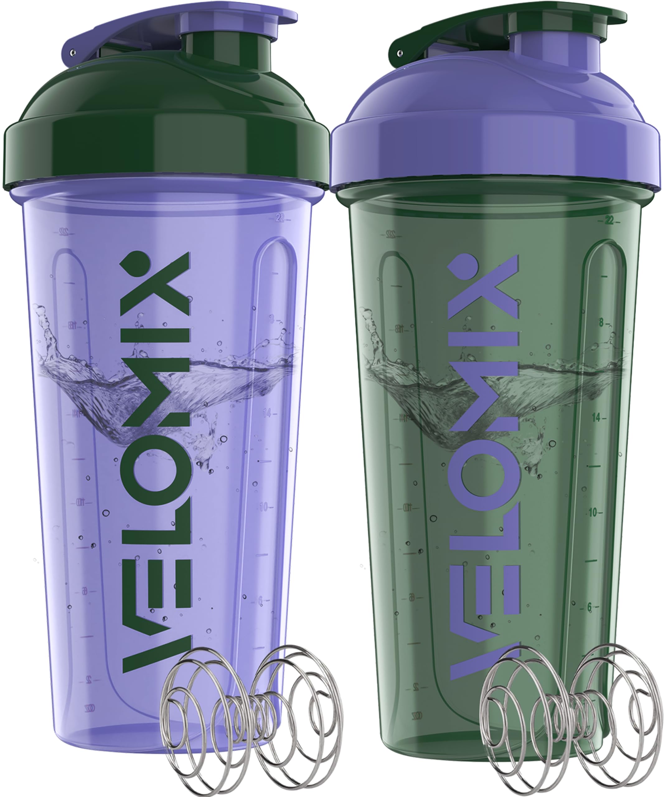 VELOMIX -2 Pack- 28 oz Protein Shaker Bottles for Protein Mixes - 2x Wire Whisk | Leak Proof Shaker Cups for Protein Shakes | Protein Shaker Bottle Pack (Black/Transparent)