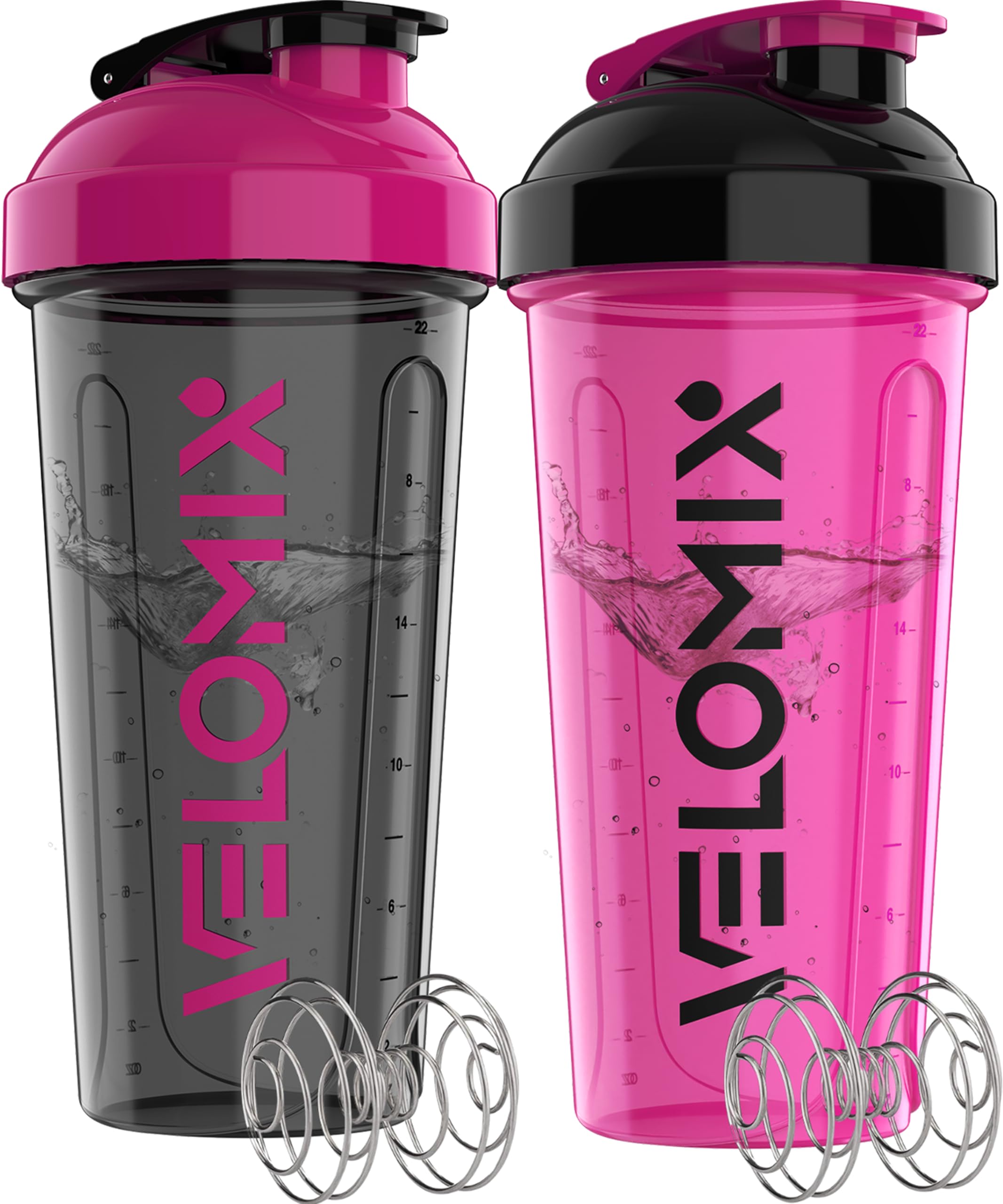 VELOMIX -2 Pack- 28 oz Protein Shaker Bottles for Protein Mixes - 2x Wire Whisk | Leak Proof Shaker Cups for Protein Shakes | Protein Shaker Bottle Pack (Black/Transparent)