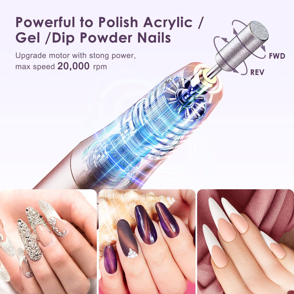 COSLUS C20 Cordless Nail Drill Electric File: Professional for Acrylic Gel Dip Powder Nails, Portable All-in-One Nail Drill Machine Kit for Manicure & Pedicure, Rechargeable Lightweight, Purple