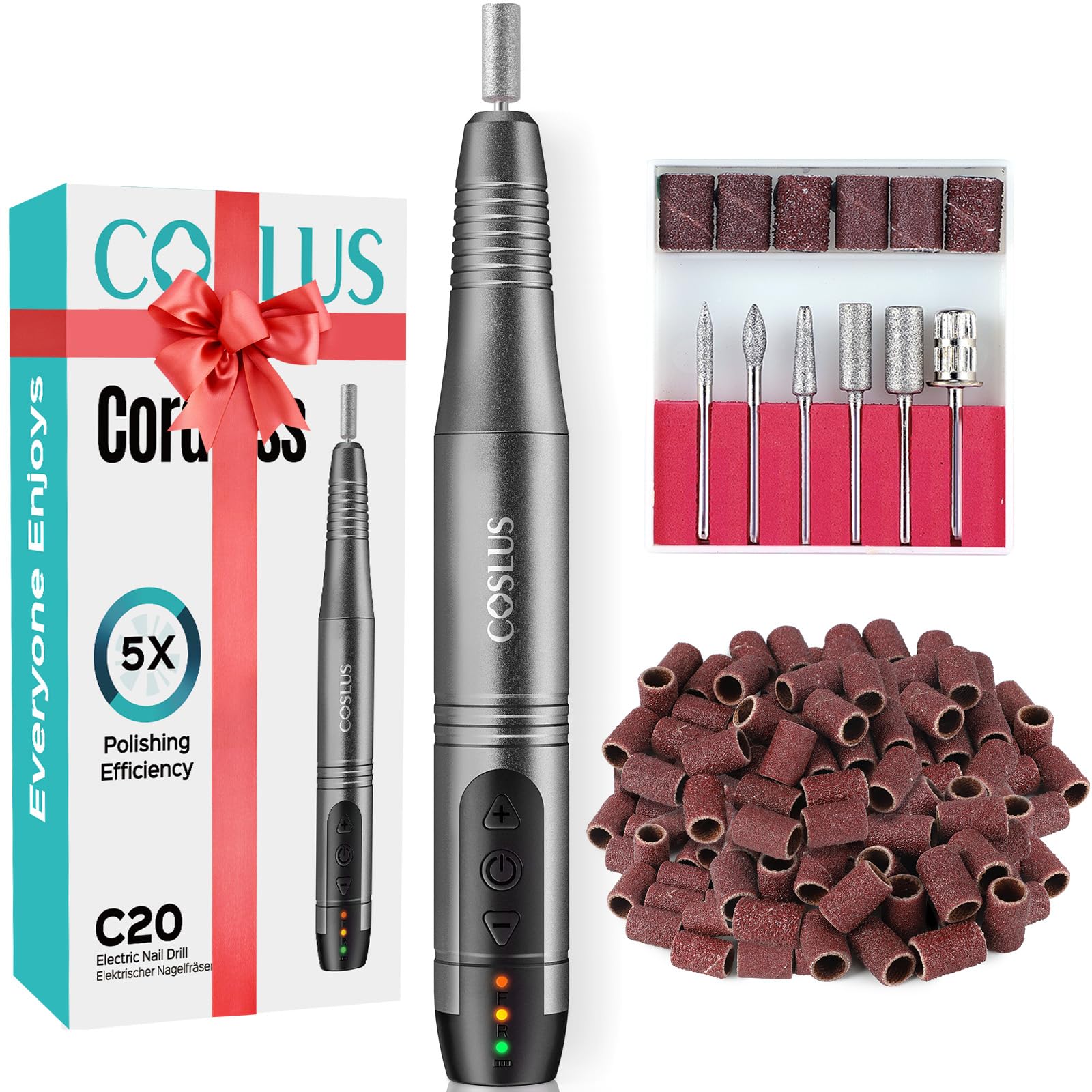 COSLUS C20 Cordless Nail Drill Electric File: Professional for Acrylic Gel Dip Powder Nails, Portable All-in-One Nail Drill Machine Kit for Manicure & Pedicure, Rechargeable Lightweight, Purple