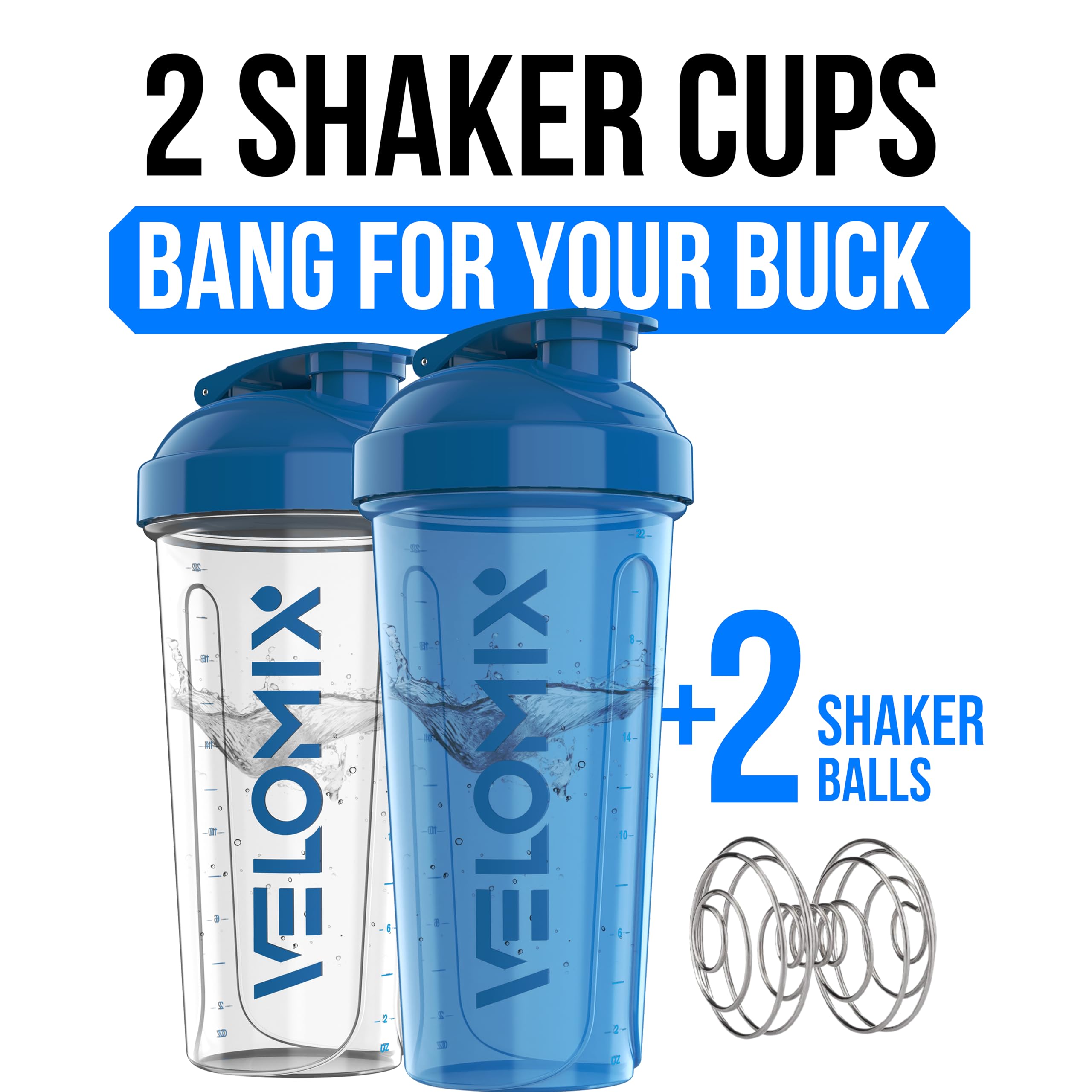VELOMIX -2 Pack- 28 oz Protein Shaker Bottles for Protein Mixes - 2x Wire Whisk | Leak Proof Shaker Cups for Protein Shakes | Protein Shaker Bottle Pack (Black/Transparent)