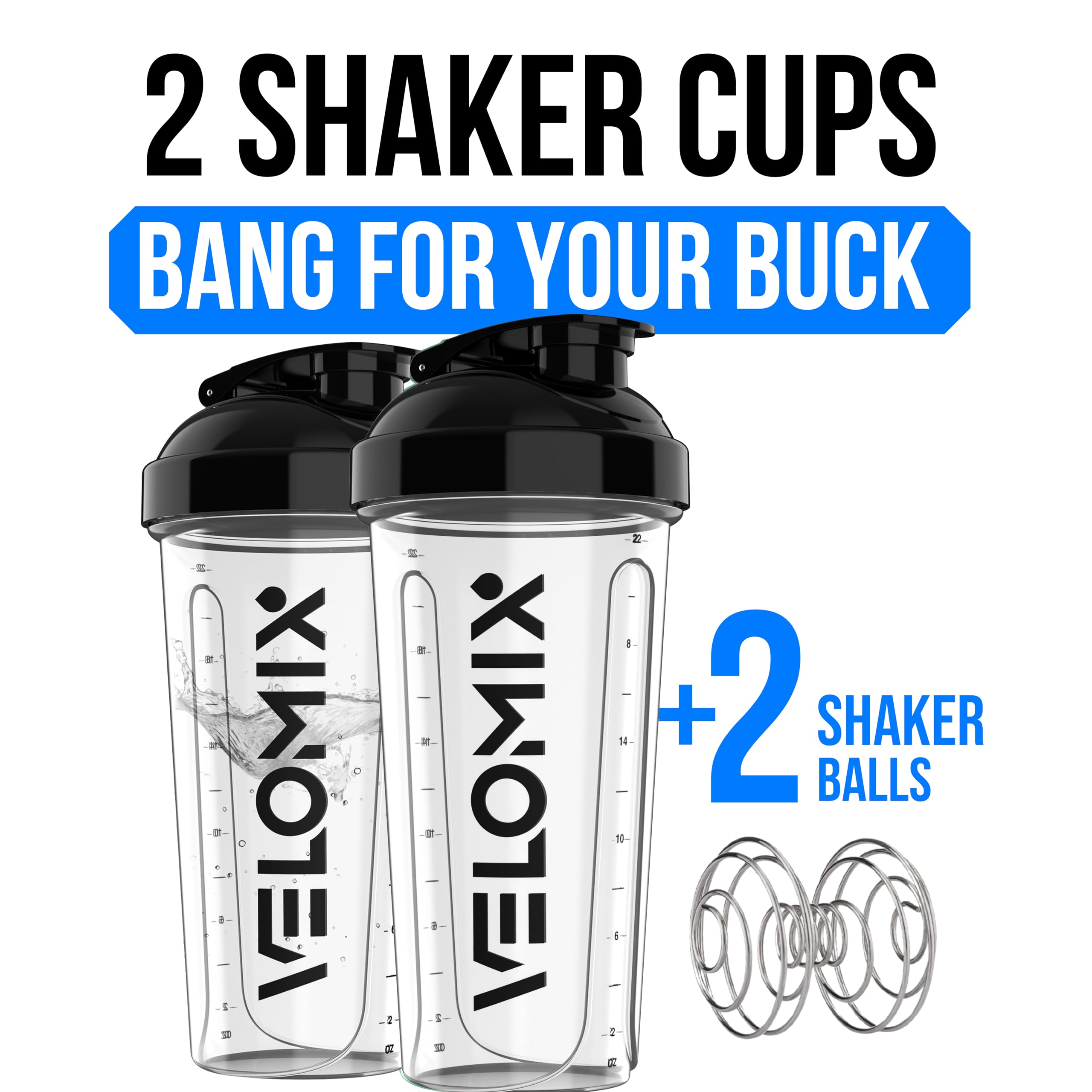 VELOMIX -2 Pack- 28 oz Protein Shaker Bottles for Protein Mixes - 2x Wire Whisk | Leak Proof Shaker Cups for Protein Shakes | Protein Shaker Bottle Pack (Black/Transparent)