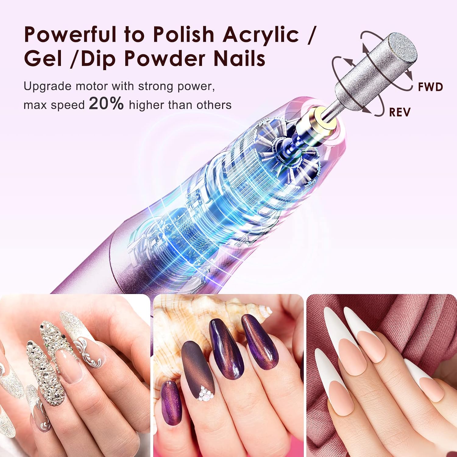 COSLUS C20 Cordless Nail Drill Electric File: Professional for Acrylic Gel Dip Powder Nails, Portable All-in-One Nail Drill Machine Kit for Manicure & Pedicure, Rechargeable Lightweight, Purple