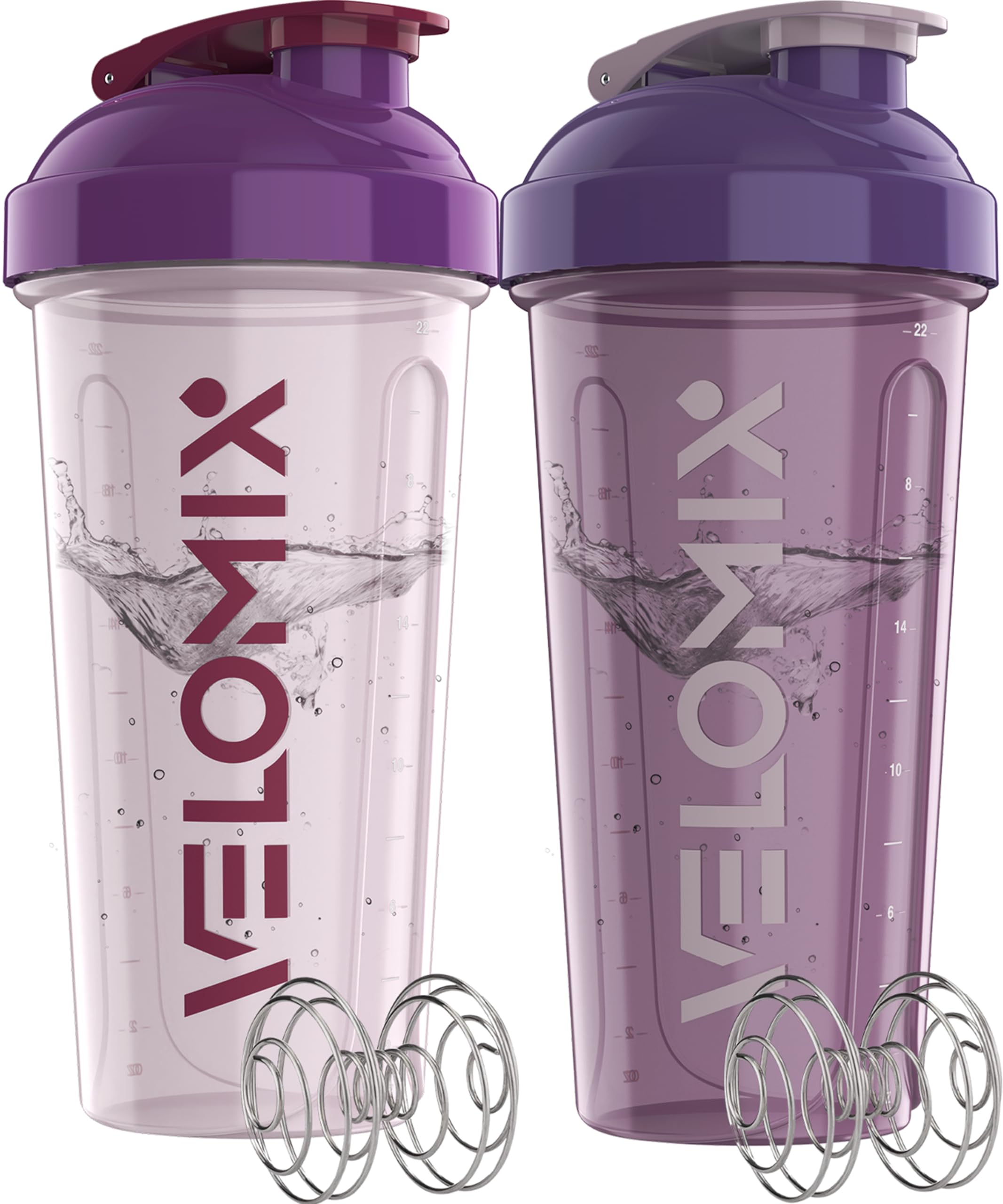 VELOMIX -2 Pack- 28 oz Protein Shaker Bottles for Protein Mixes - 2x Wire Whisk | Leak Proof Shaker Cups for Protein Shakes | Protein Shaker Bottle Pack (Black/Transparent)