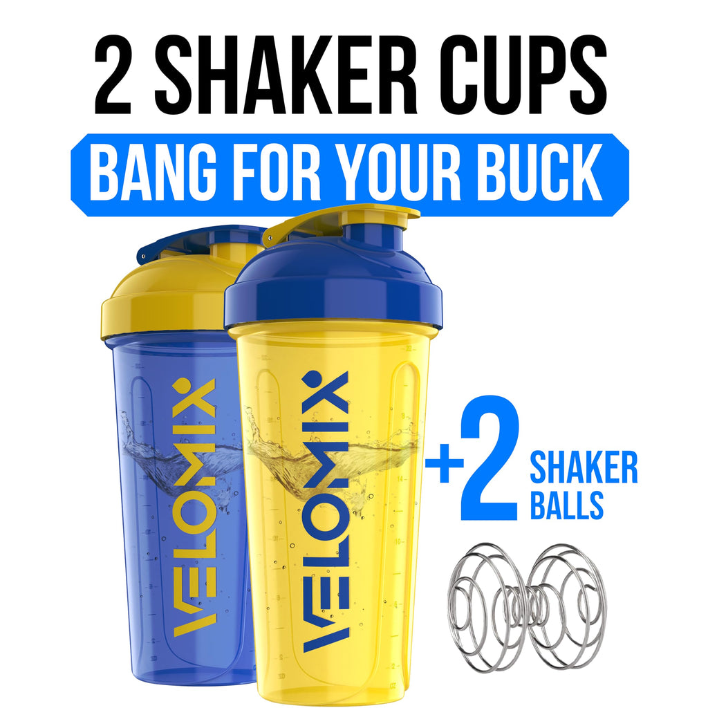 VELOMIX -2 Pack- 28 oz Protein Shaker Bottles for Protein Mixes - 2x Wire Whisk | Leak Proof Shaker Cups for Protein Shakes | Protein Shaker Bottle Pack (Black/Transparent)